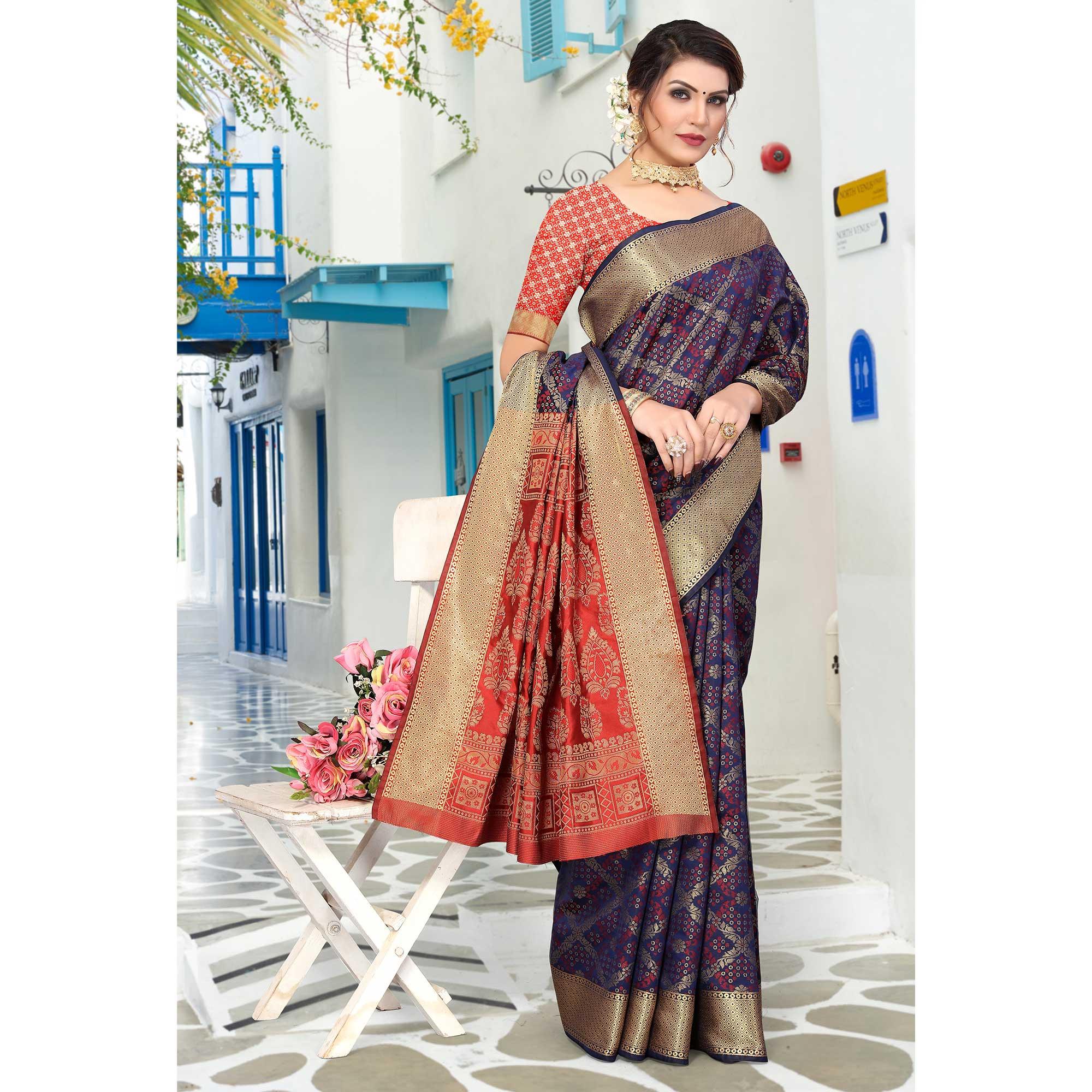 Navy Blue Woven Jacquard Saree - Peachmode