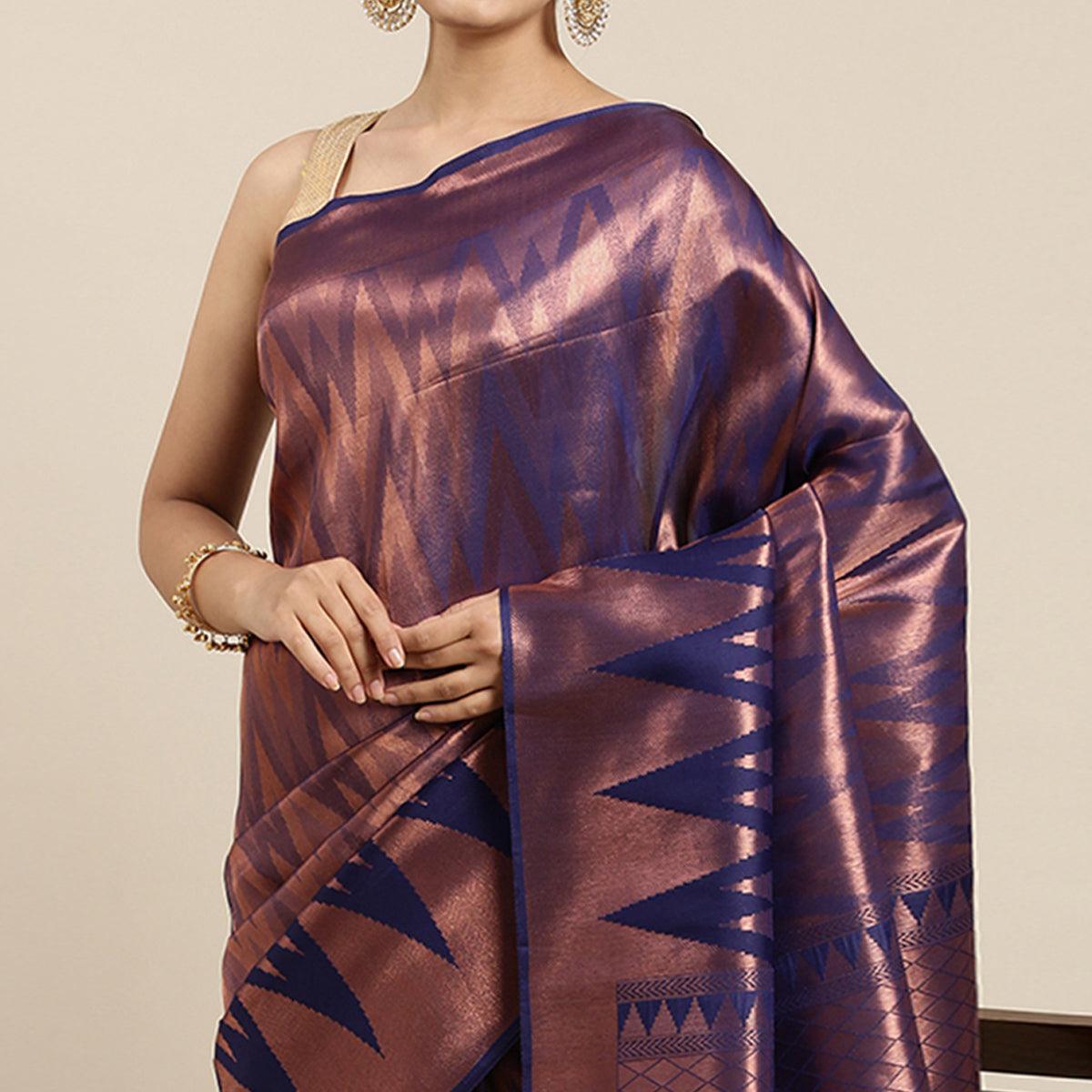 Navy Blue Woven Kanjivaram Silk Saree With Tassels - Peachmode