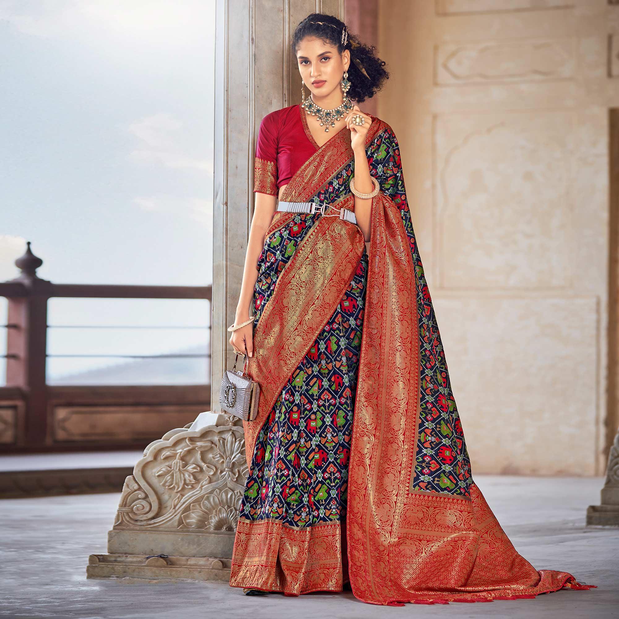Navy Blue Woven Patola Art Silk Saree - Peachmode