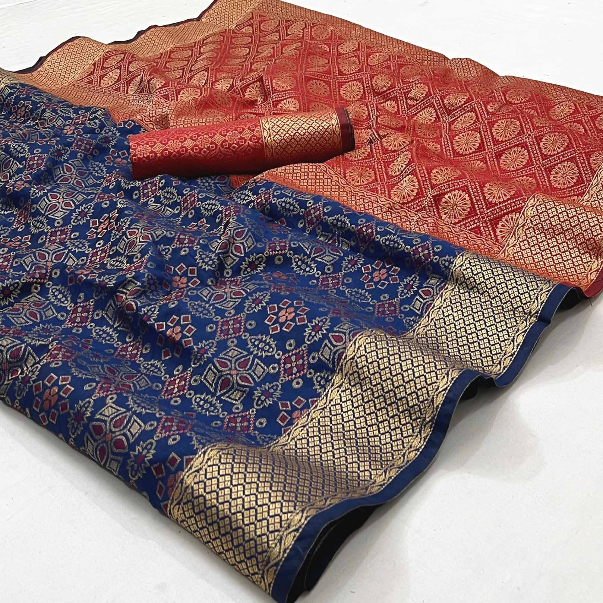 Navy Blue Woven Patola Art Silk Saree - Peachmode