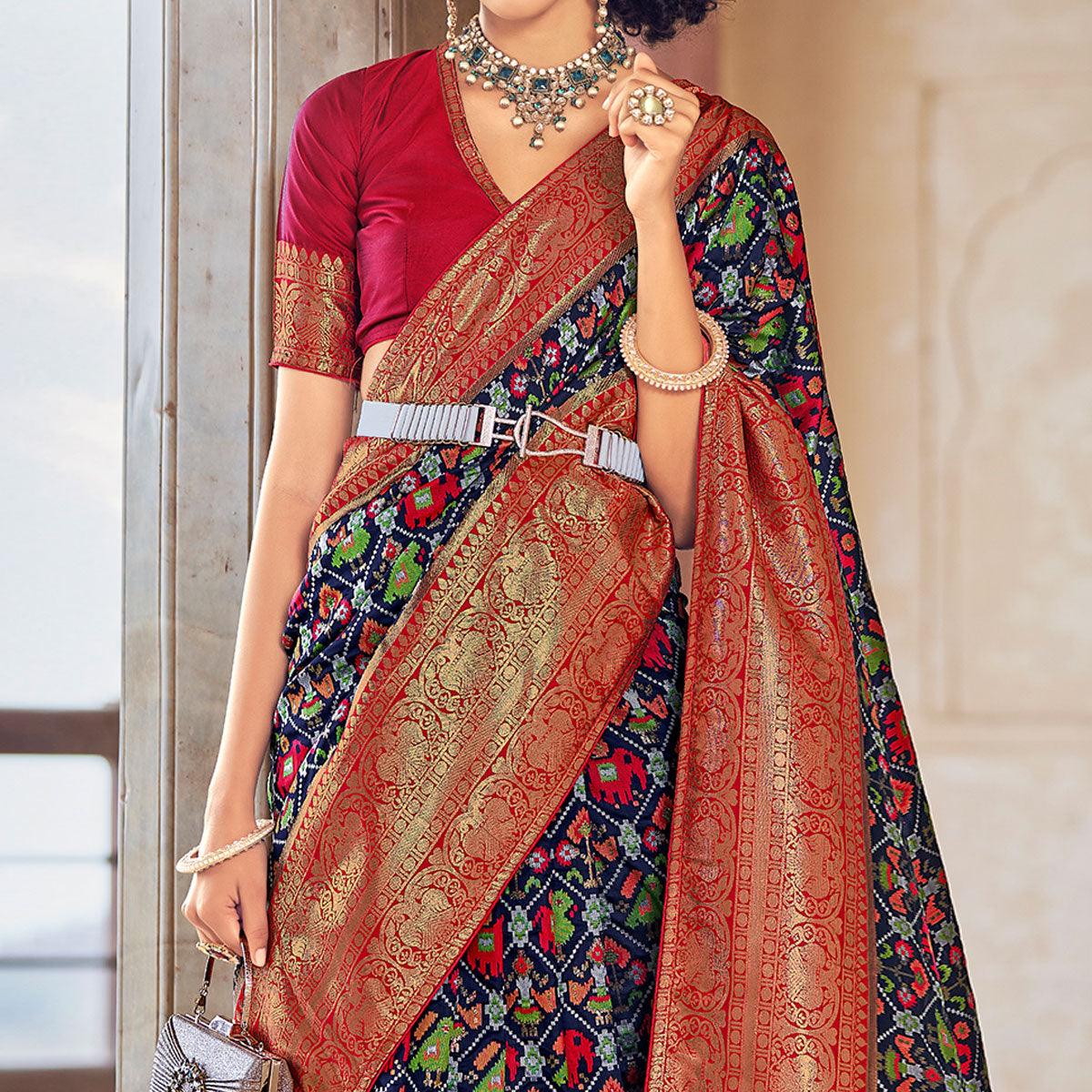 Navy Blue Woven Patola Art Silk Saree - Peachmode