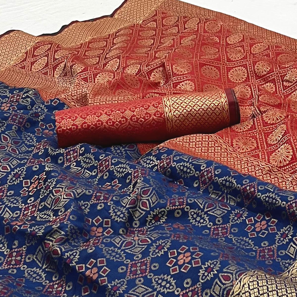 Navy Blue Woven Patola Art Silk Saree - Peachmode