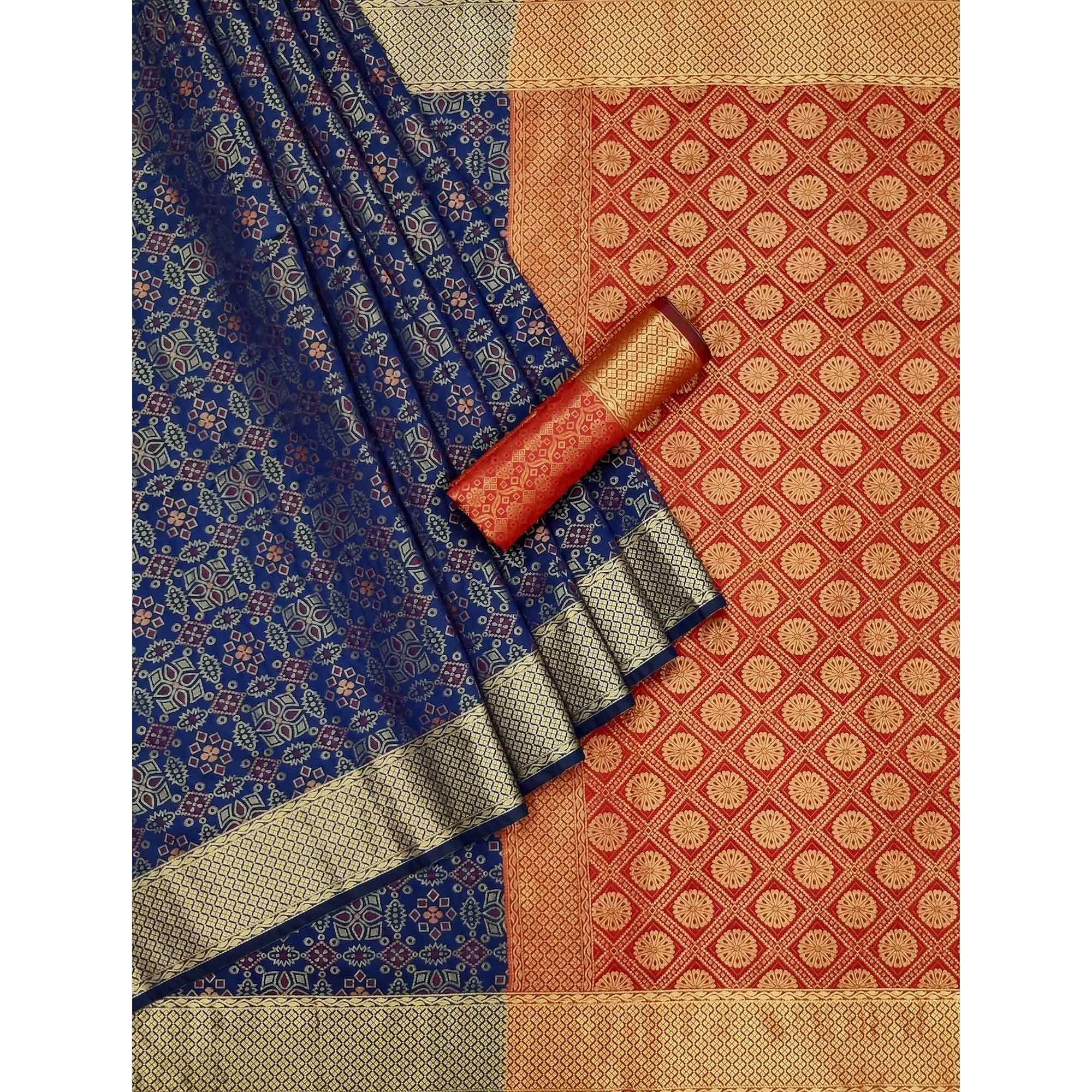 Navy Blue Woven Patola Art Silk Saree - Peachmode
