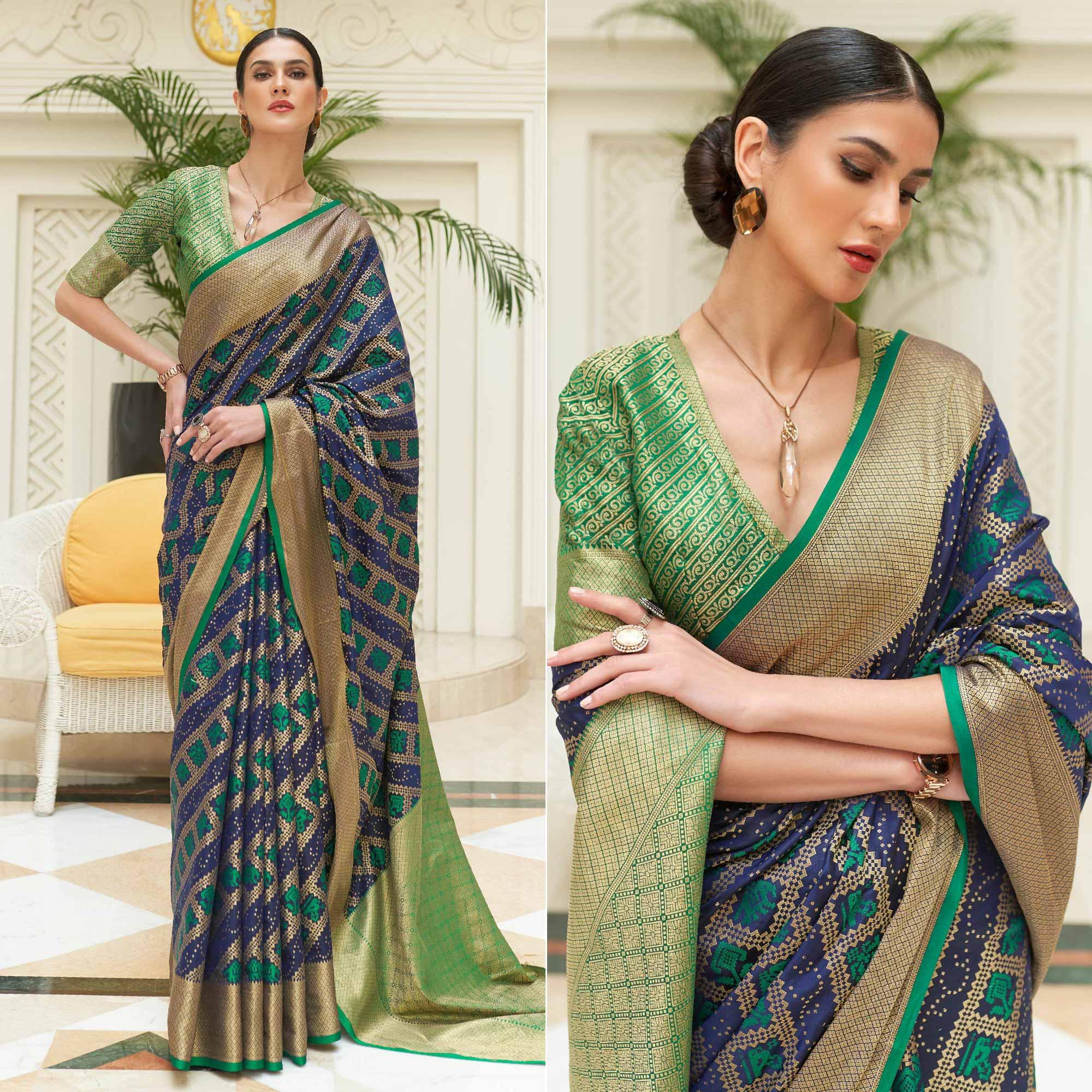 Navy Blue Woven Patola Silk Saree - Peachmode