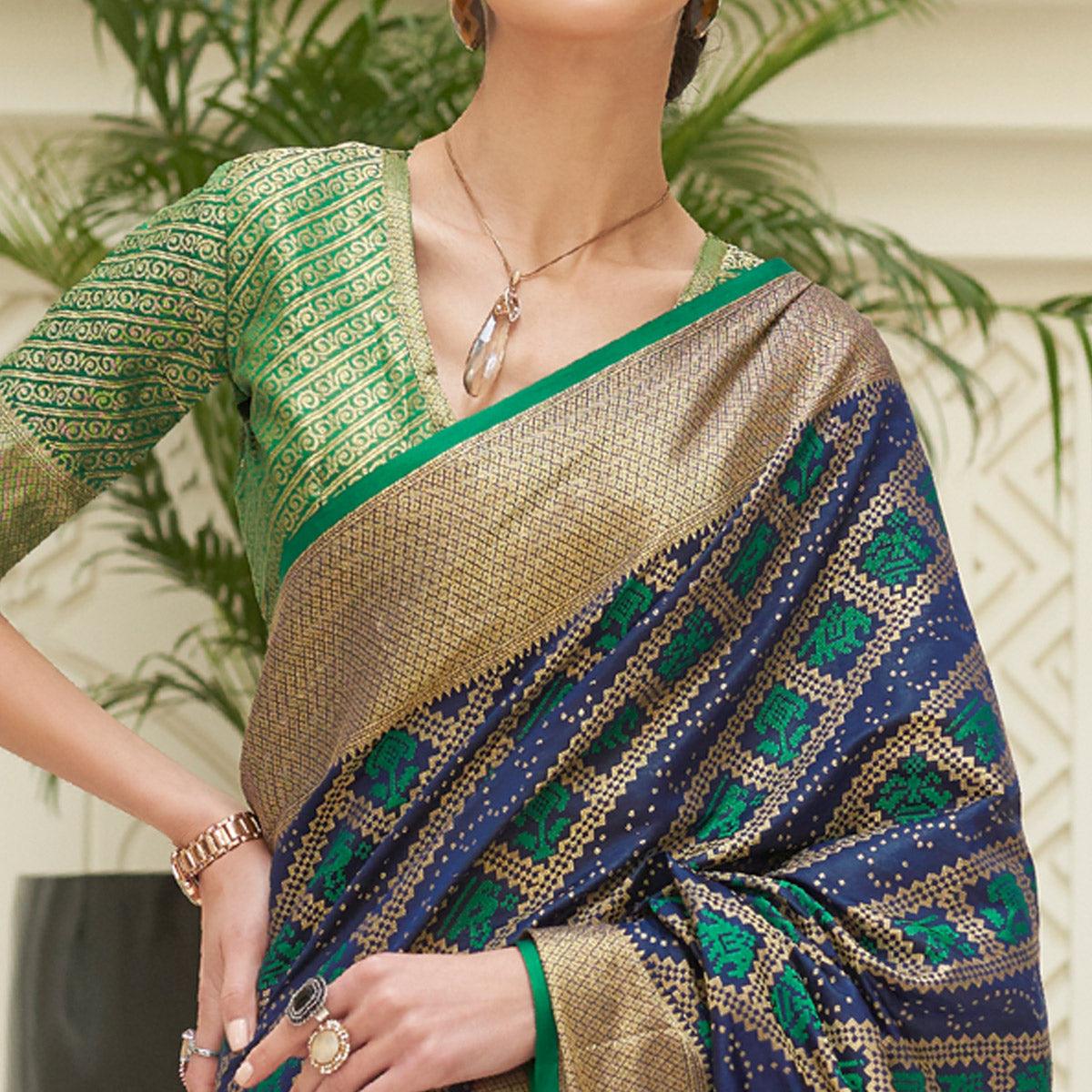 Navy Blue Woven Patola Silk Saree - Peachmode