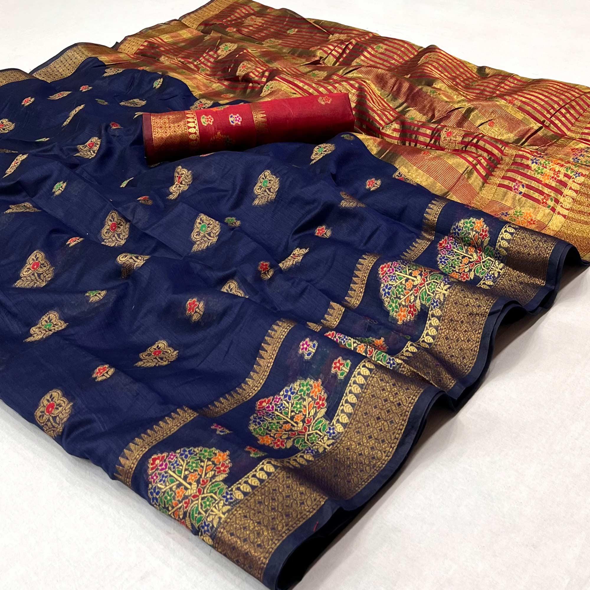Navy Blue Woven Poly Cotton Saree - Peachmode