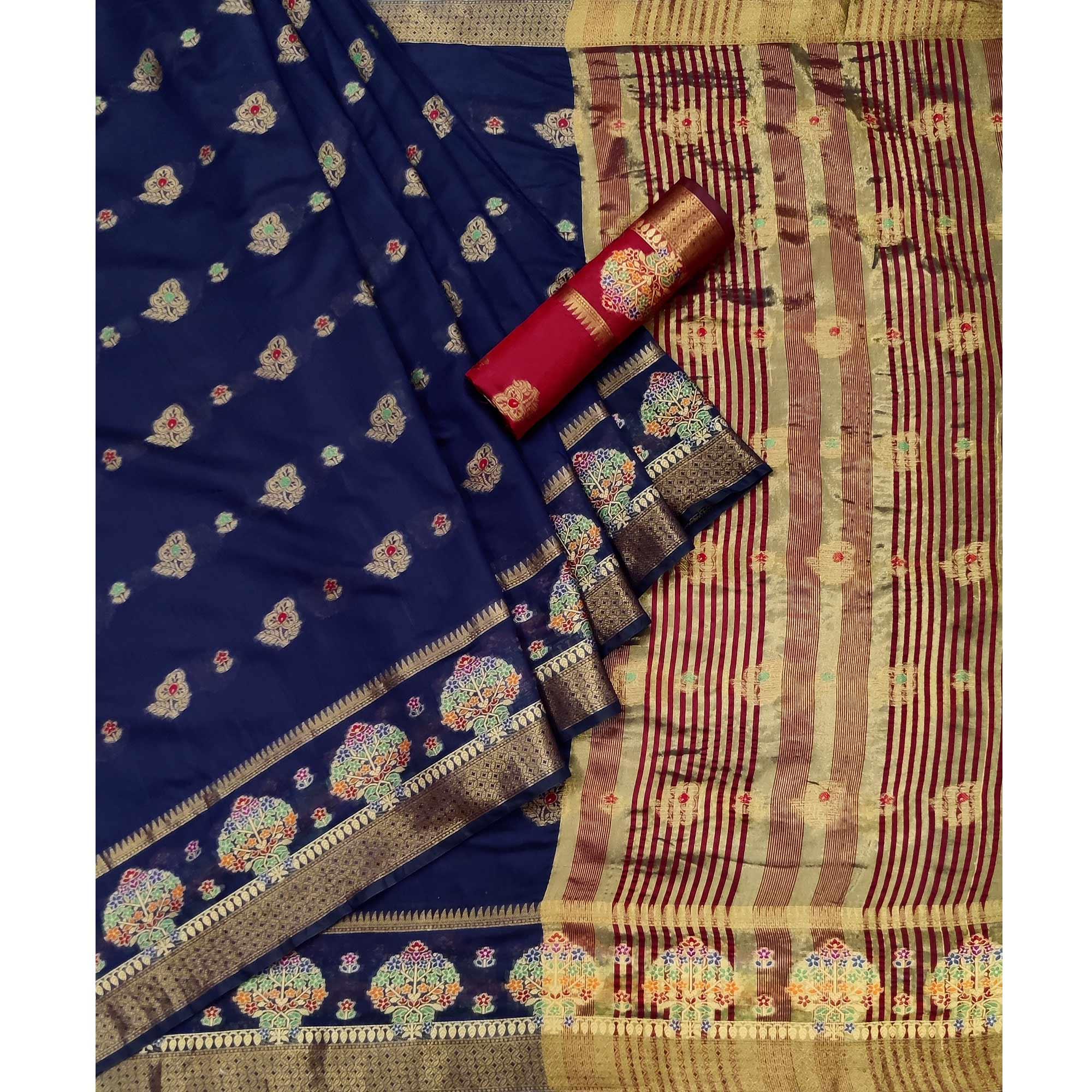 Navy Blue Woven Poly Cotton Saree - Peachmode
