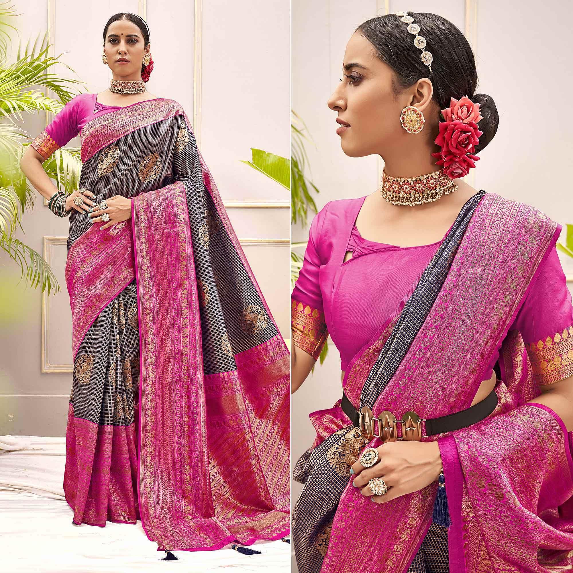 Navy Blue Woven Pure Silk Saree With Tassels - Peachmode