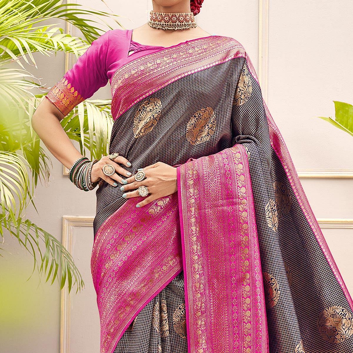 Navy Blue Woven Pure Silk Saree With Tassels - Peachmode