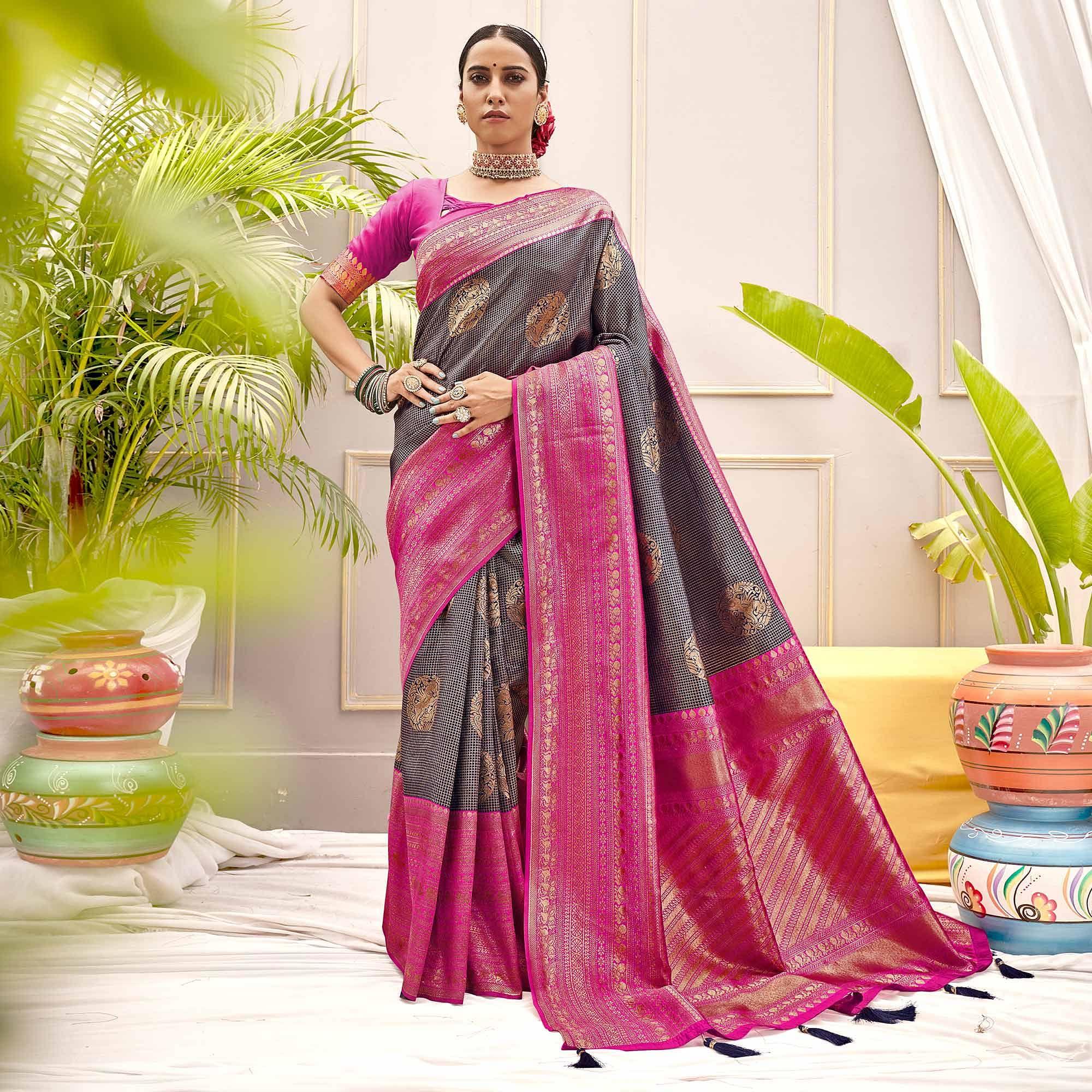 Navy Blue Woven Pure Silk Saree With Tassels - Peachmode
