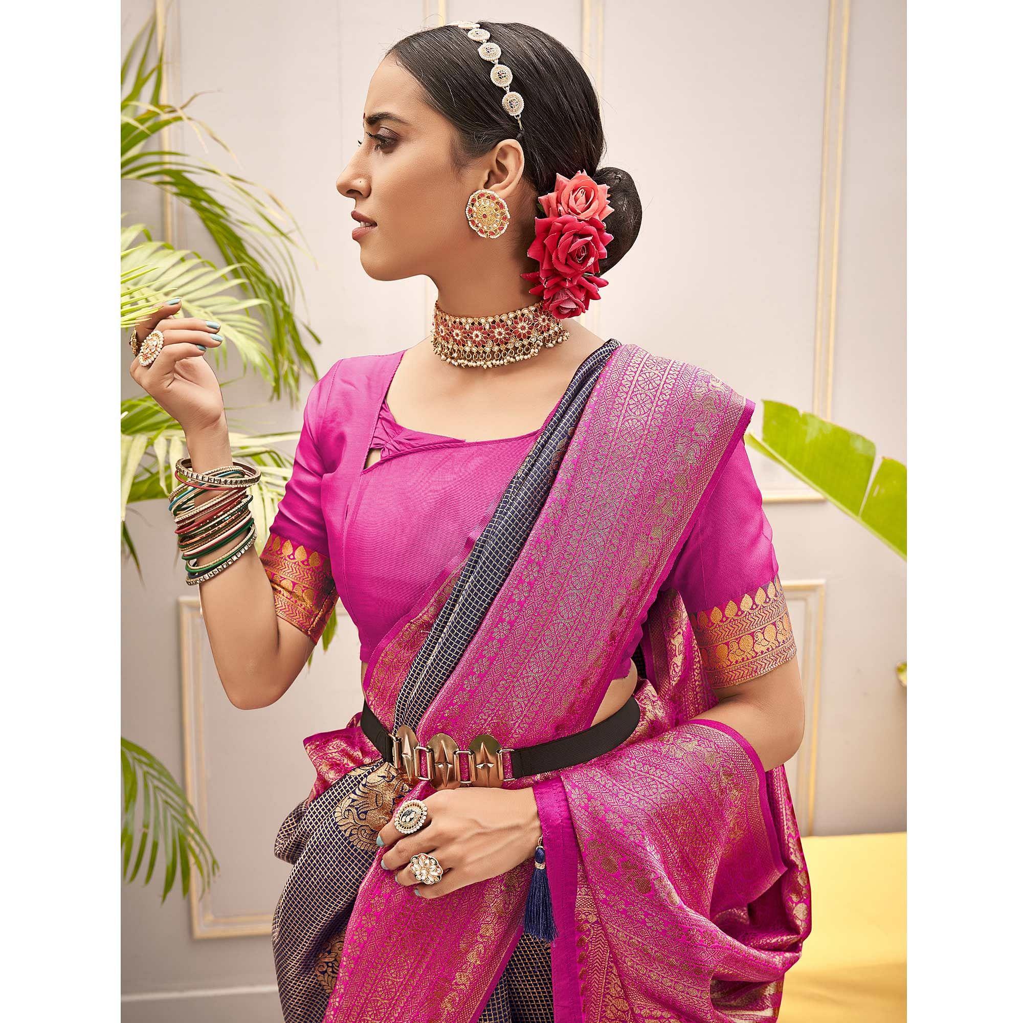 Navy Blue Woven Pure Silk Saree With Tassels - Peachmode