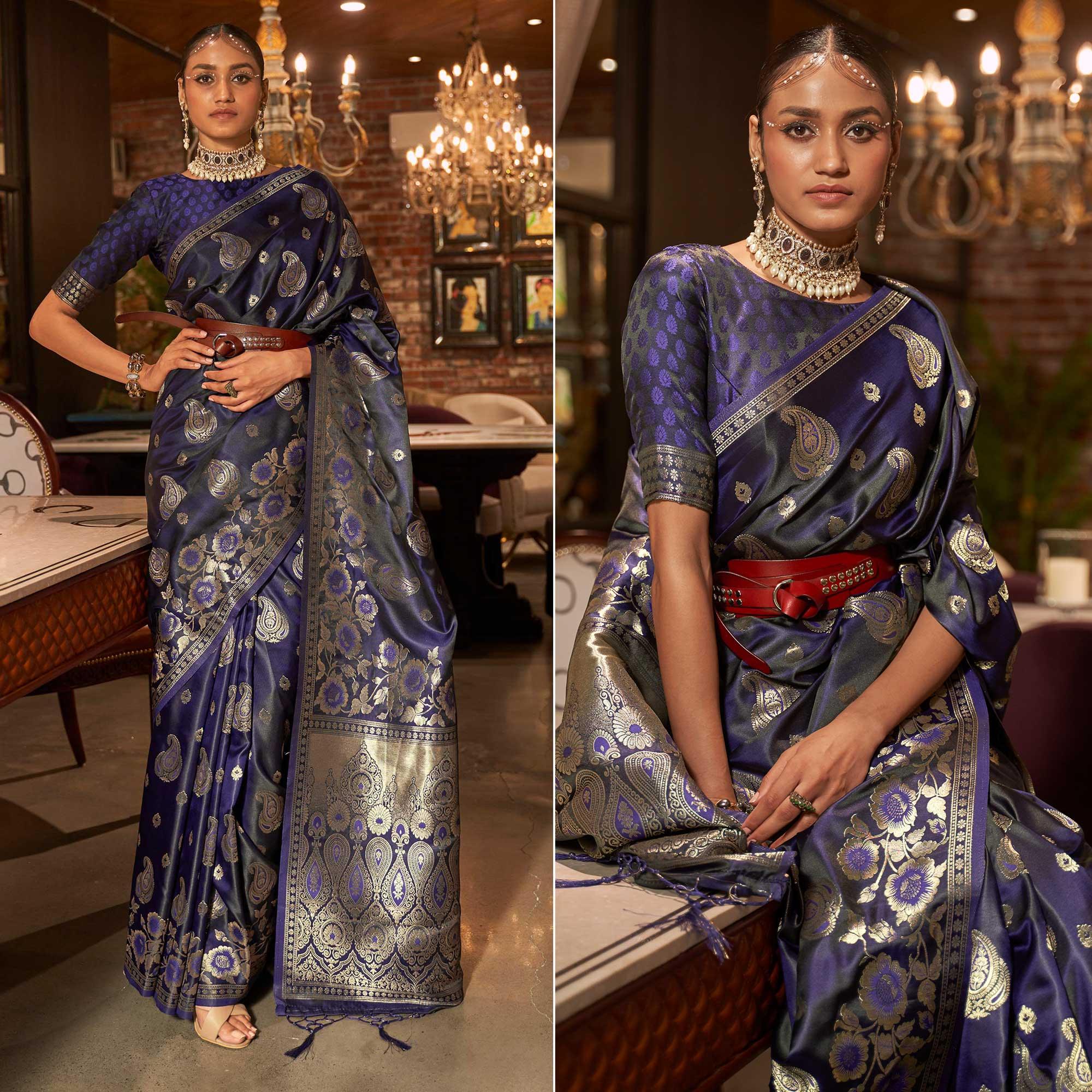Navy Blue Woven Satin Saree With Tassels - Peachmode