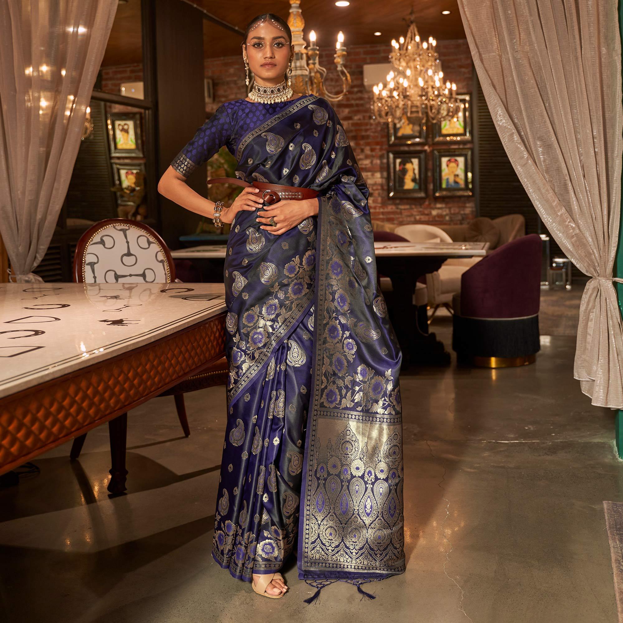 Navy Blue Woven Satin Saree With Tassels - Peachmode