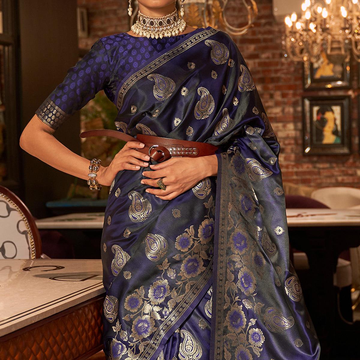 Navy Blue Woven Satin Saree With Tassels - Peachmode