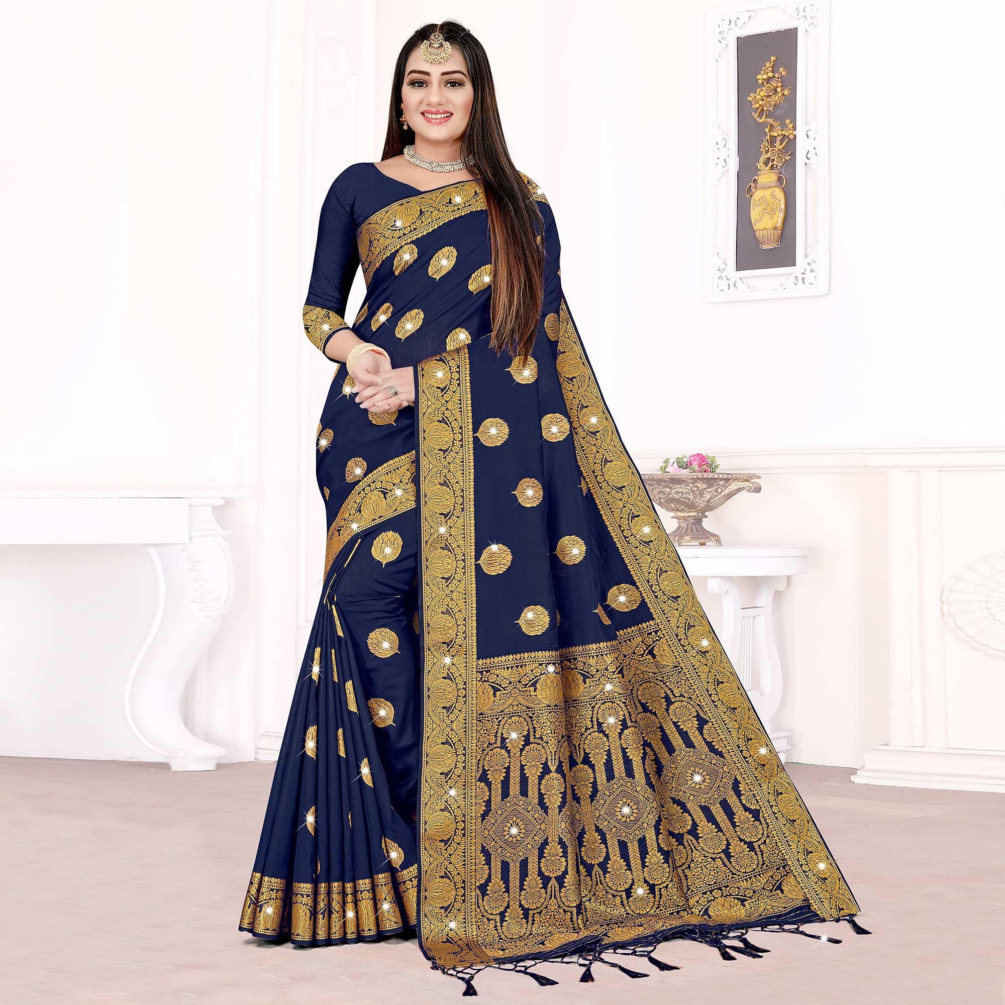 Navy Blue Woven With Swarovski Cotton Silk Saree - Peachmode