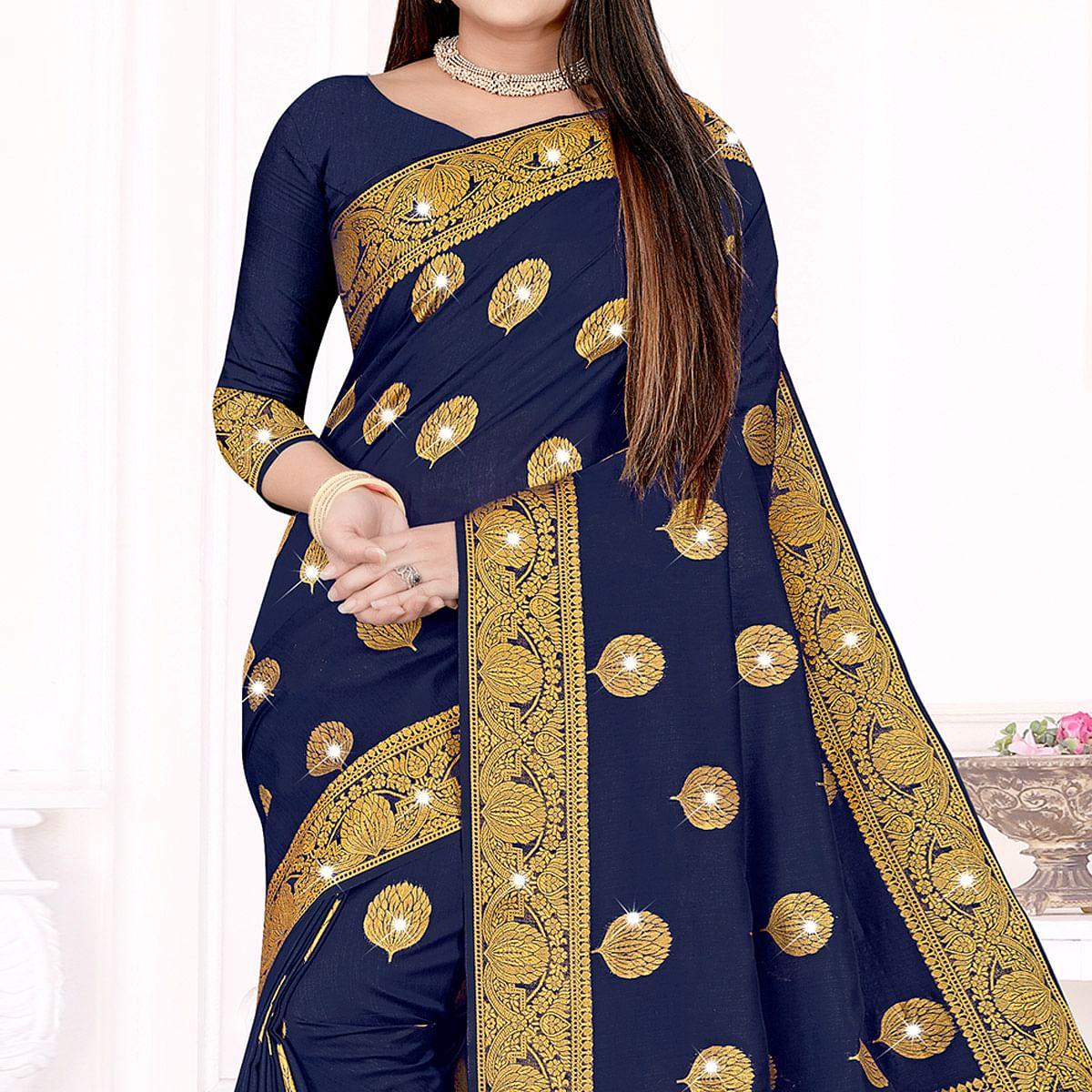 Navy Blue Woven With Swarovski Cotton Silk Saree - Peachmode