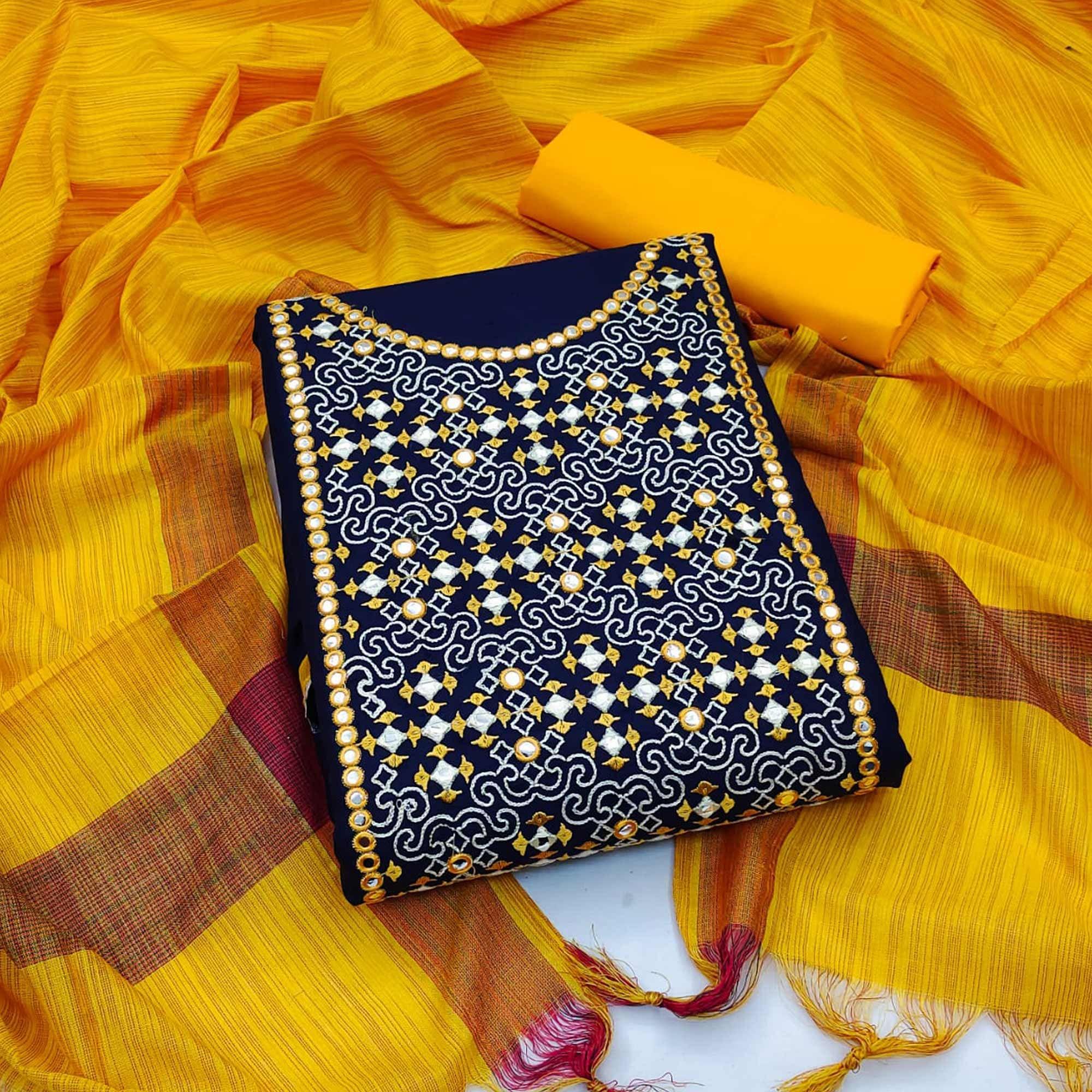 Navy Blue-Yellow Embroidered Pure Cotton Dress Material - Peachmode
