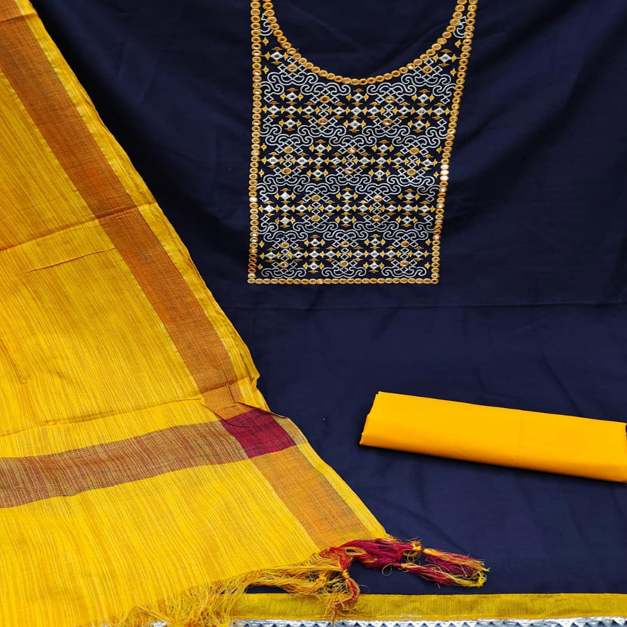 Navy Blue-Yellow Embroidered Pure Cotton Dress Material - Peachmode