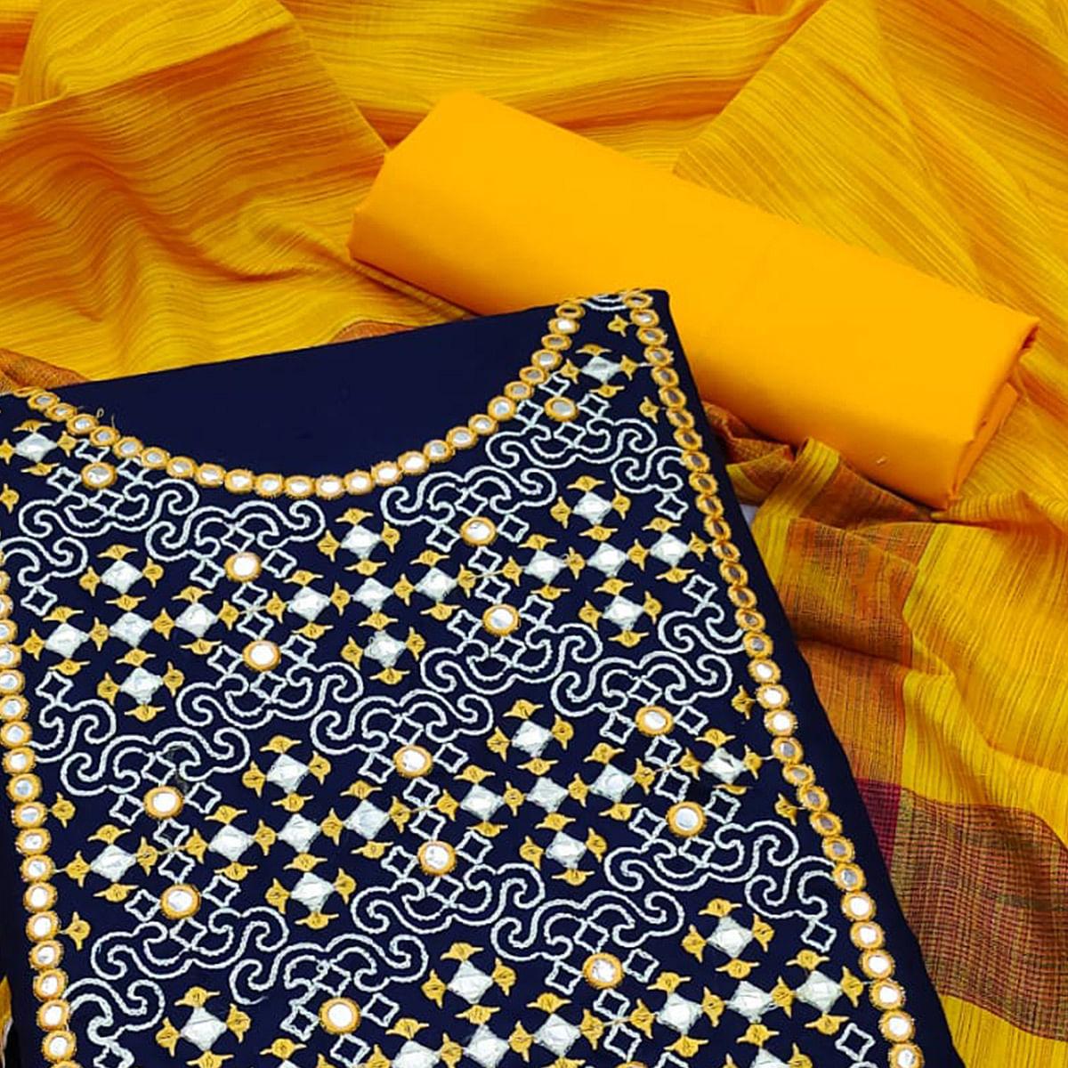 Navy Blue-Yellow Embroidered Pure Cotton Dress Material - Peachmode
