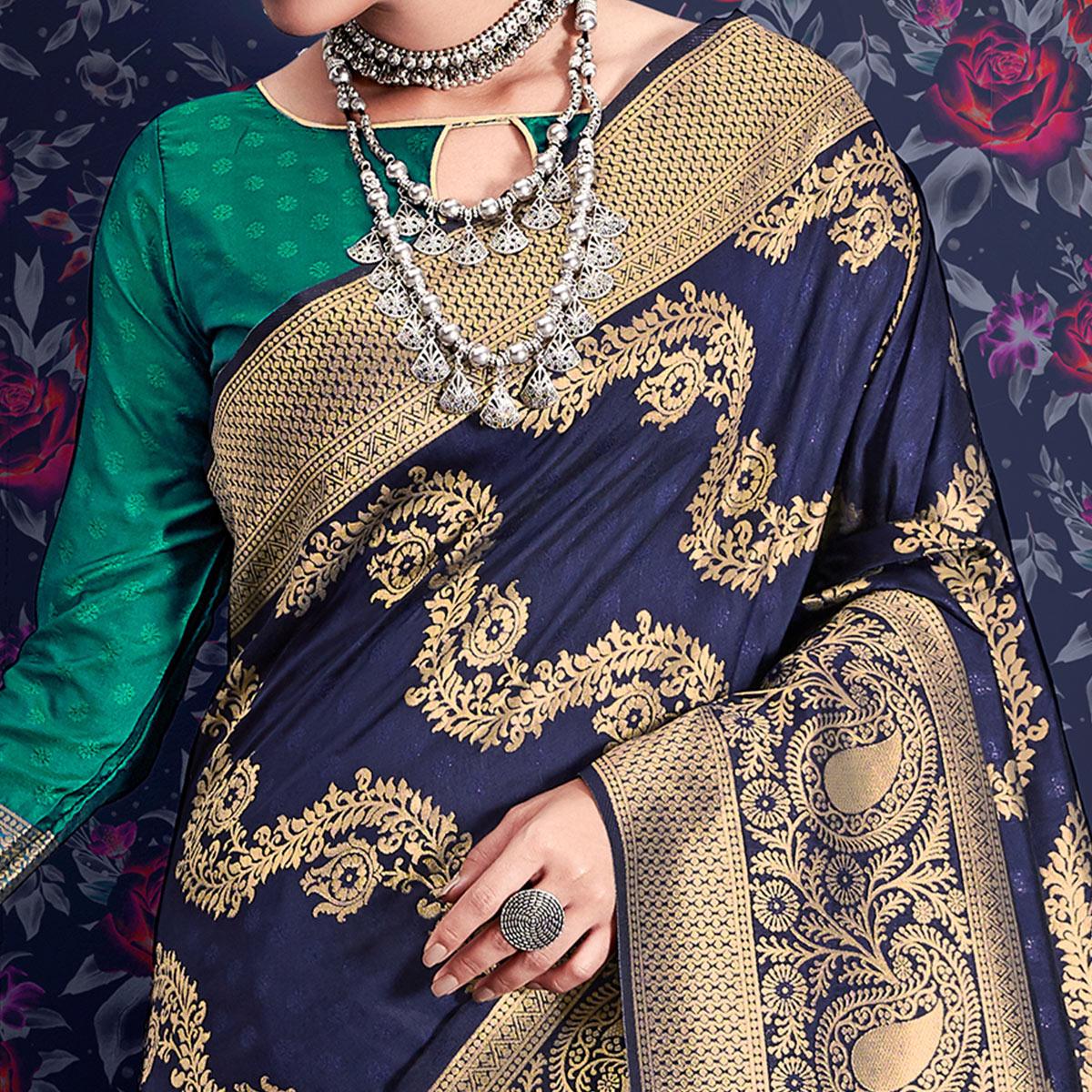 Navy Blue Zari Woven Art Silk Saree - Peachmode