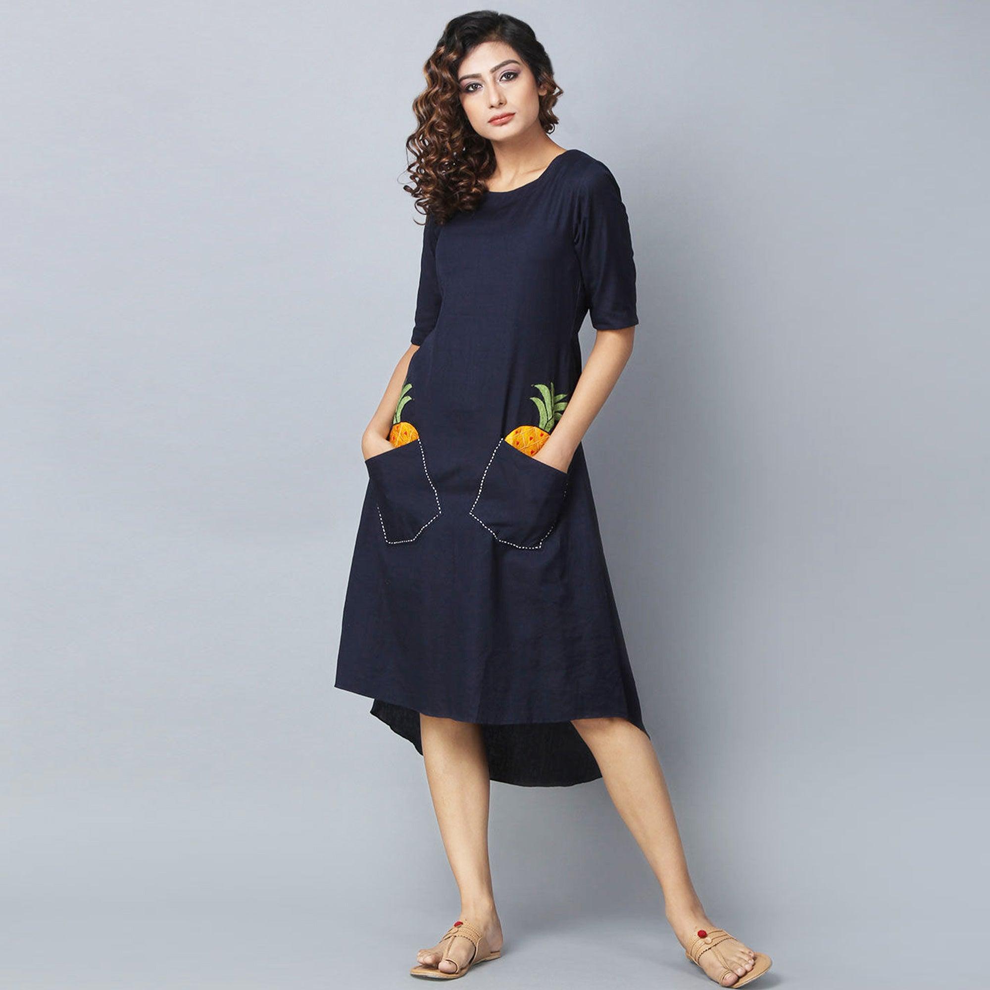 Navy Embroidered Pure Rayon Dress - Peachmode