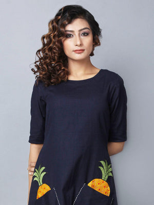Navy Embroidered Pure Rayon Dress - Peachmode