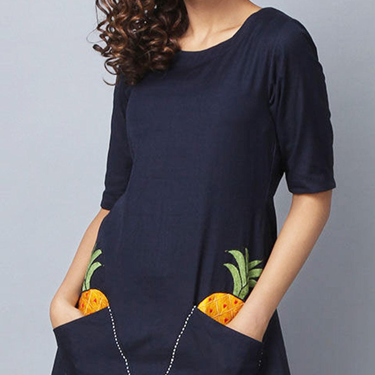 Navy Embroidered Pure Rayon Dress - Peachmode