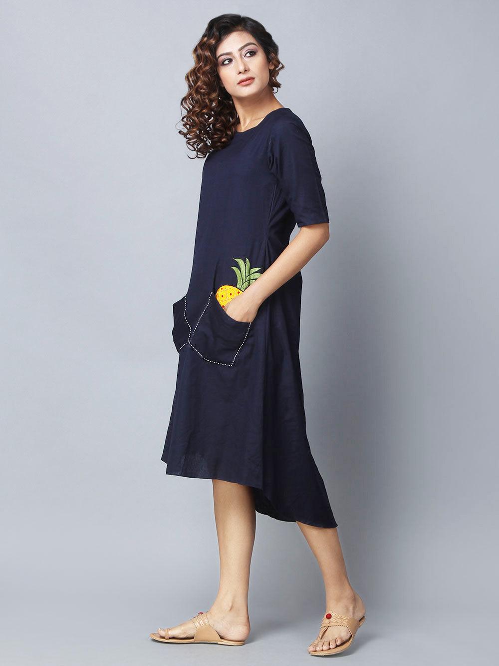 Navy Embroidered Pure Rayon Dress - Peachmode