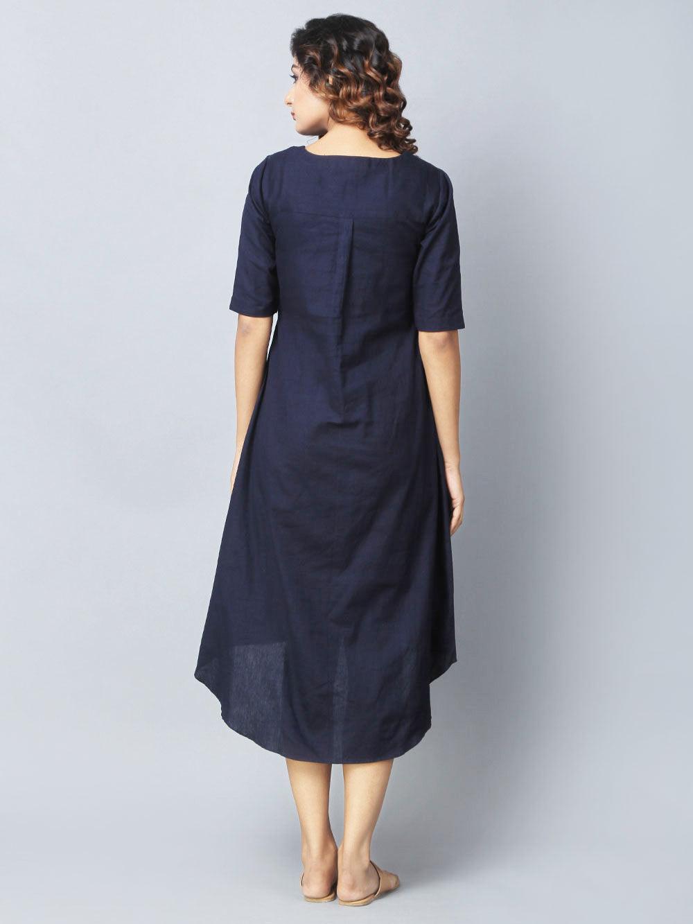 Navy Embroidered Pure Rayon Dress - Peachmode