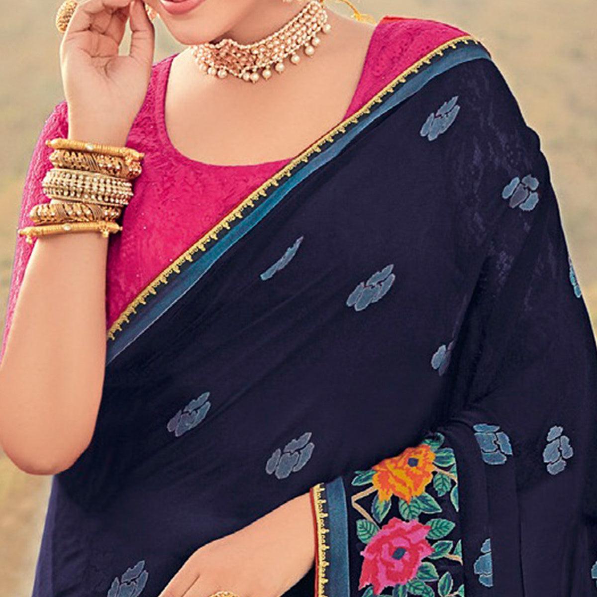 Nayv Blue Casual Wear Floral Printed Brasso Saree - Peachmode