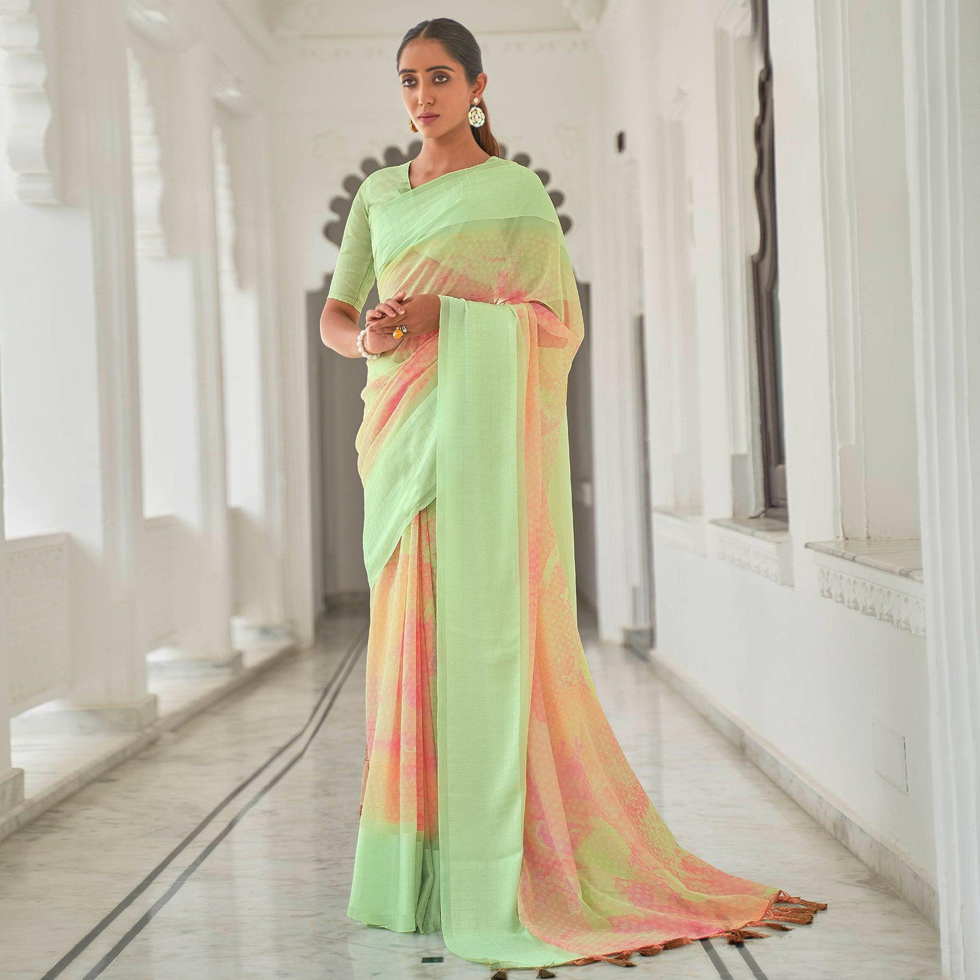 Neon Green Casual Wear Foil Printed Georgette Saree With Jacquard Border - Peachmode