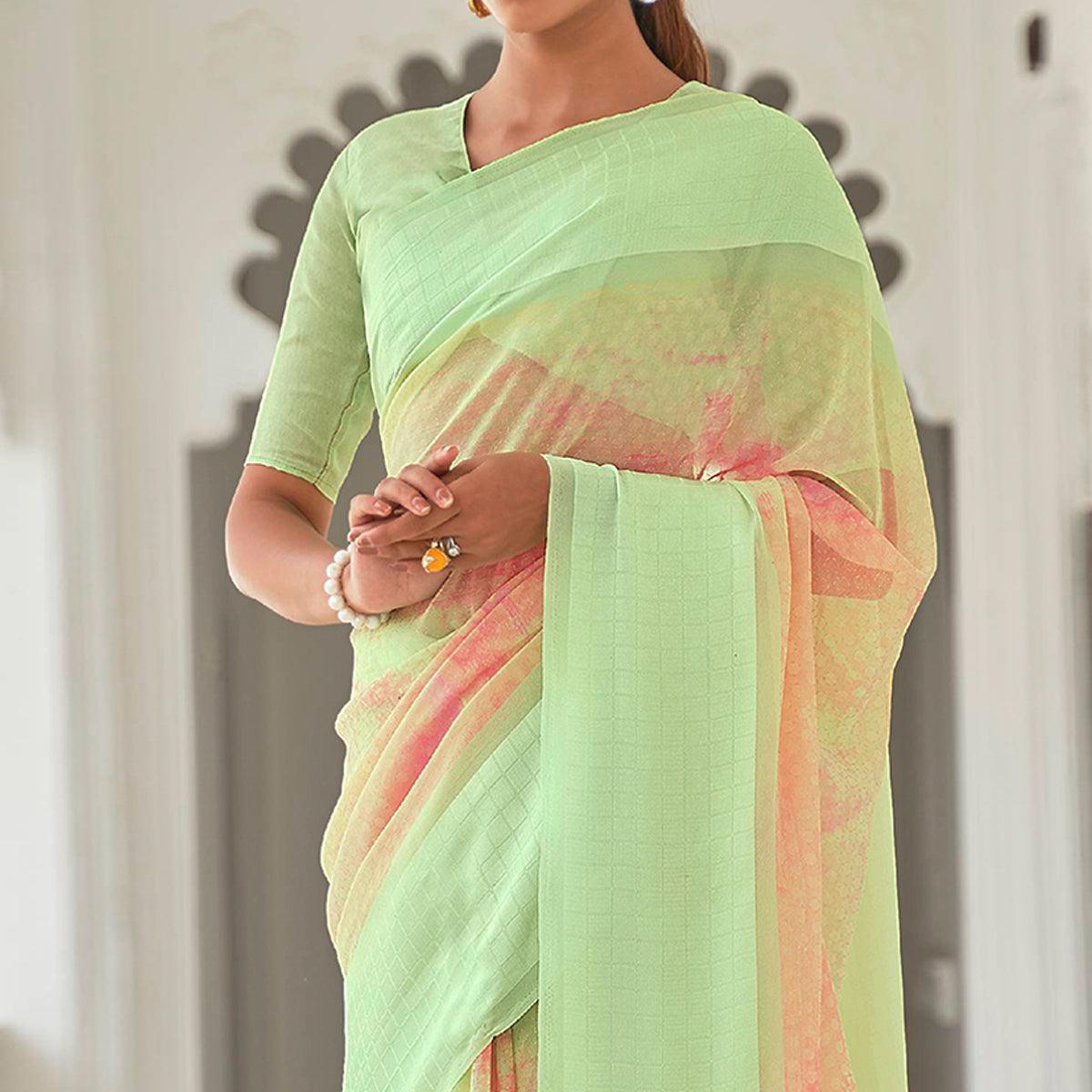 Neon Green Casual Wear Foil Printed Georgette Saree With Jacquard Border - Peachmode