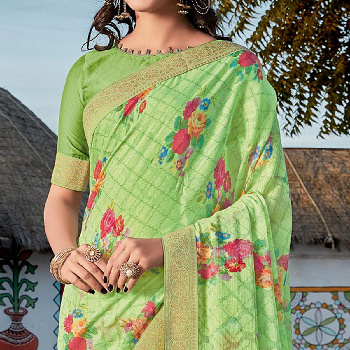 Neon Green Printed Brasso Saree - Peachmode