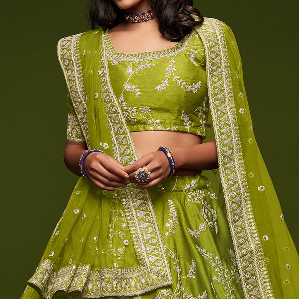 Neon Green Wedding Floral Sequins Embroidered Art Silk Lehenga Choli - Peachmode