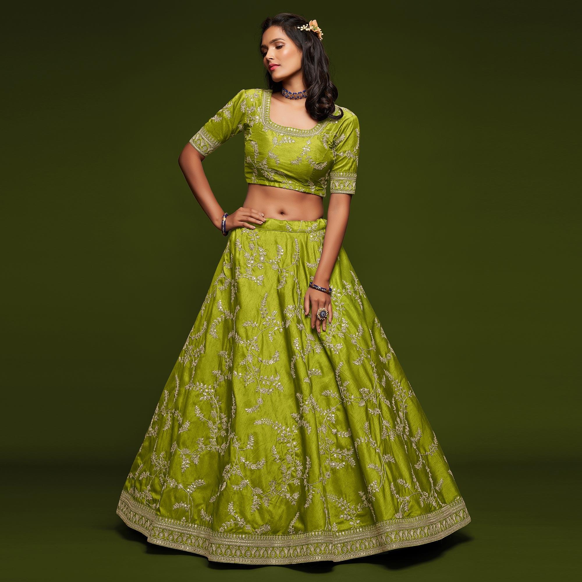 Neon Green Wedding Floral Sequins Embroidered Art Silk Lehenga Choli - Peachmode