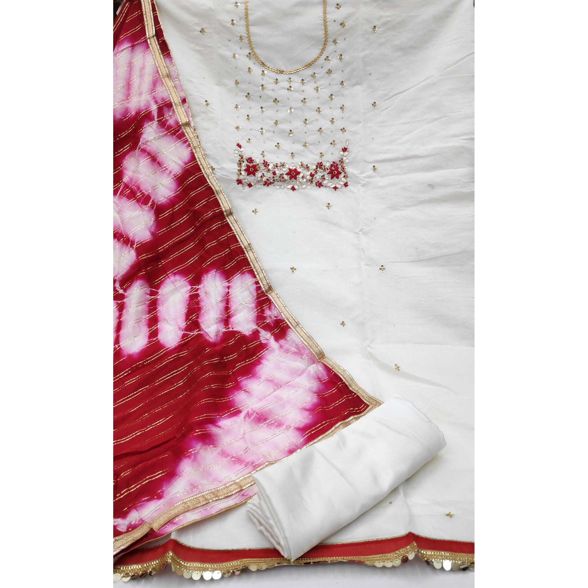 Off-Whie Festive Wear Floral Handwork Modal Chanderi Dress Material - Peachmode