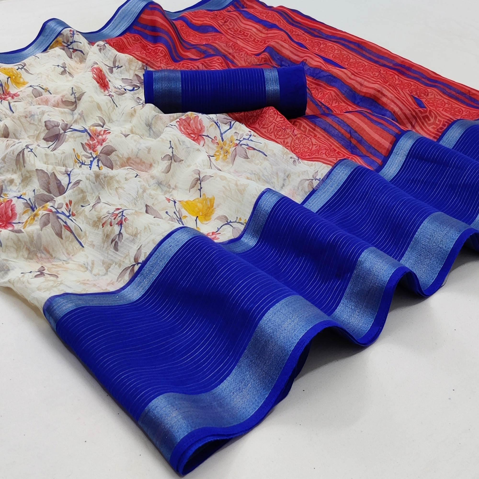 Off White & Blue Casual Wear Floral Printed Cotton Saree With Woven Border - Peachmode