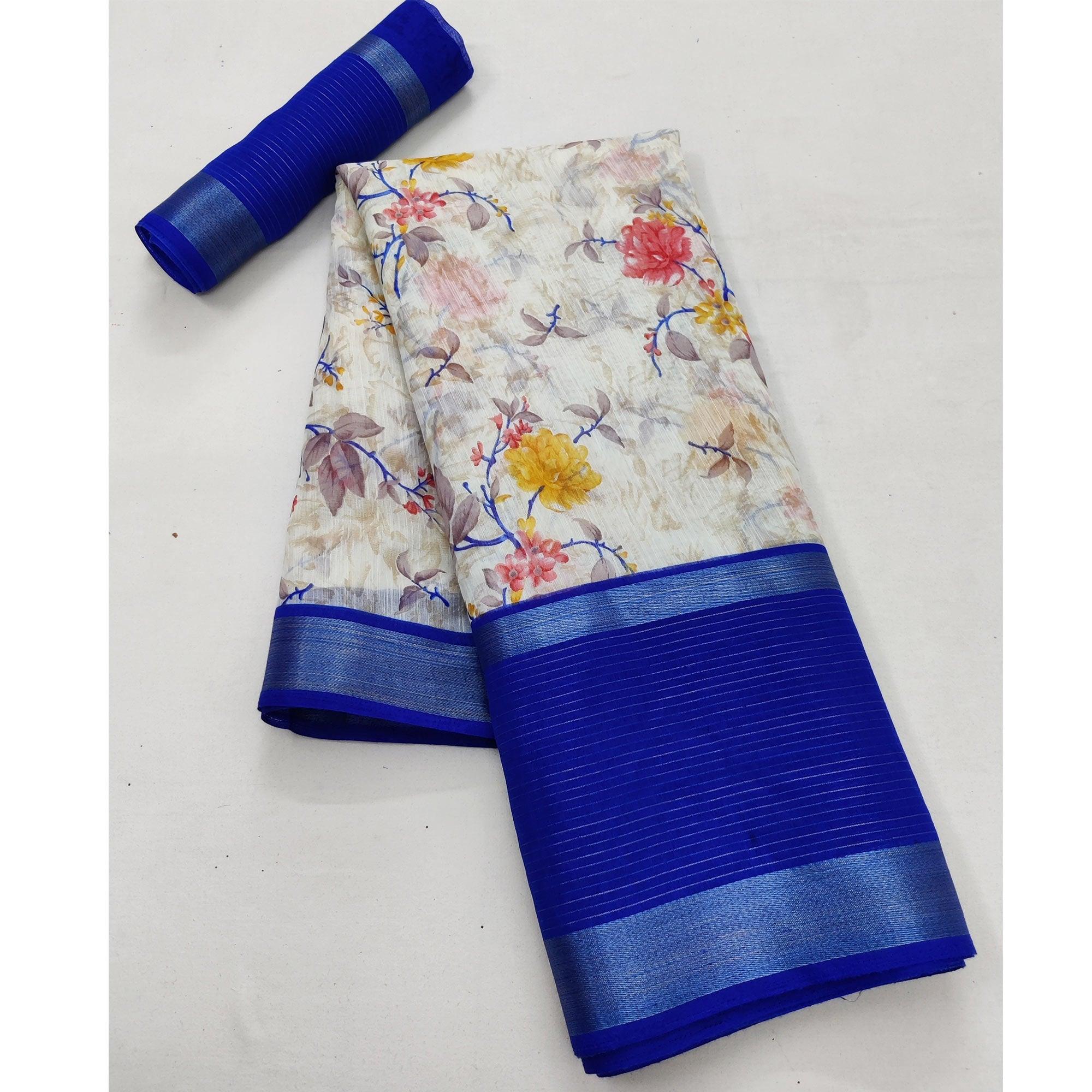 Off White & Blue Casual Wear Floral Printed Cotton Saree With Woven Border - Peachmode