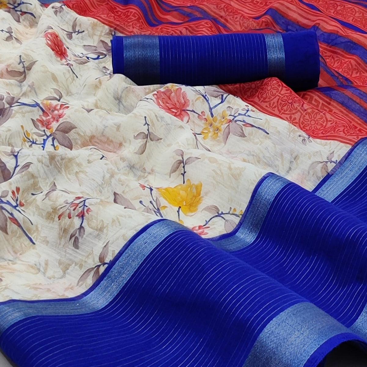 Off White & Blue Casual Wear Floral Printed Cotton Saree With Woven Border - Peachmode