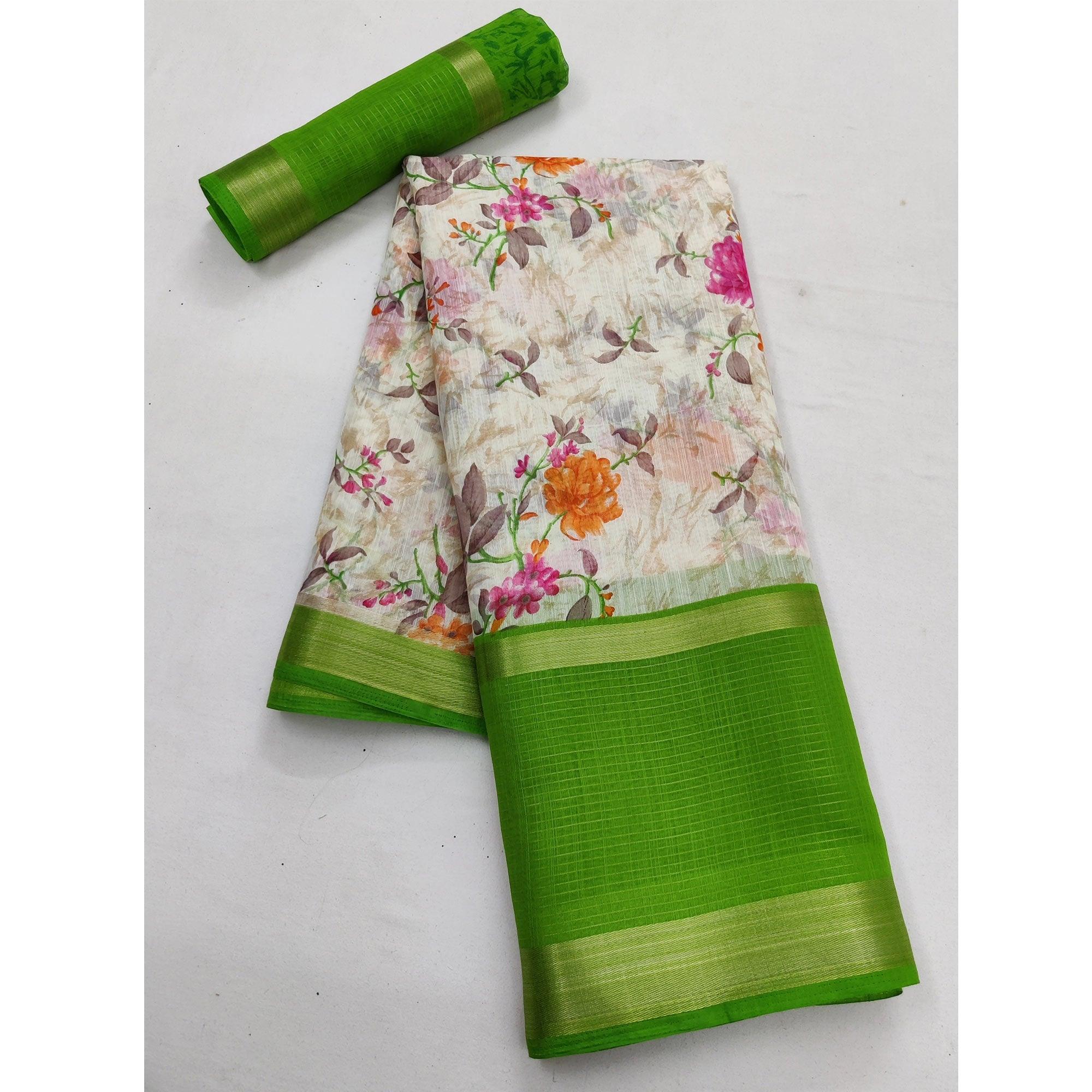 Off White & Green Casual Wear Floral Printed Cotton Saree With Woven Border - Peachmode