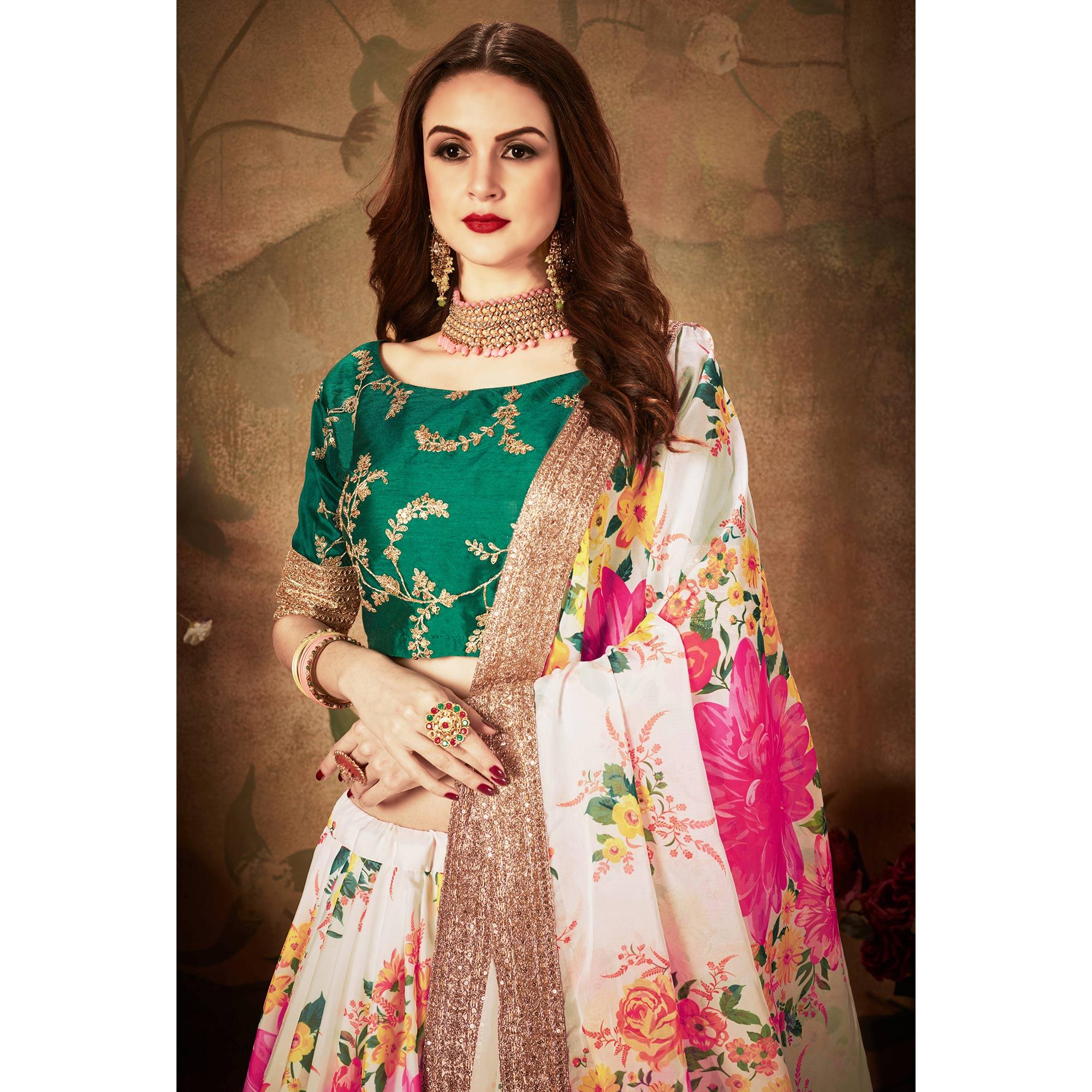 Off-White & Green Partywear Floral Print With Sequins Embroidery Organza Lehenga Choli - Peachmode