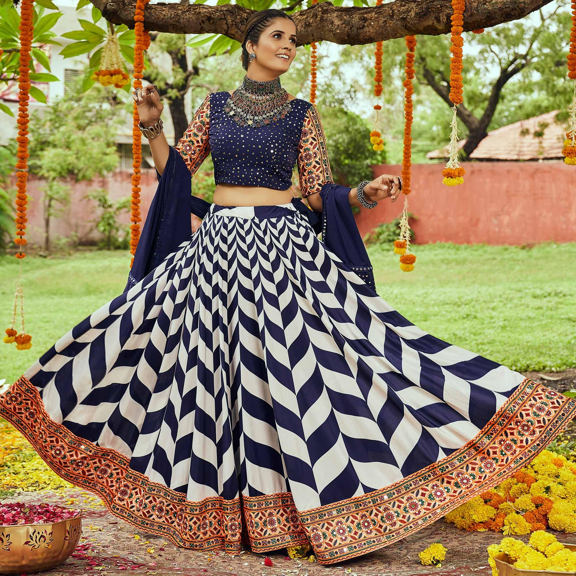Off White & Navy Blue Printed Muslin Lehenga Choli - Peachmode