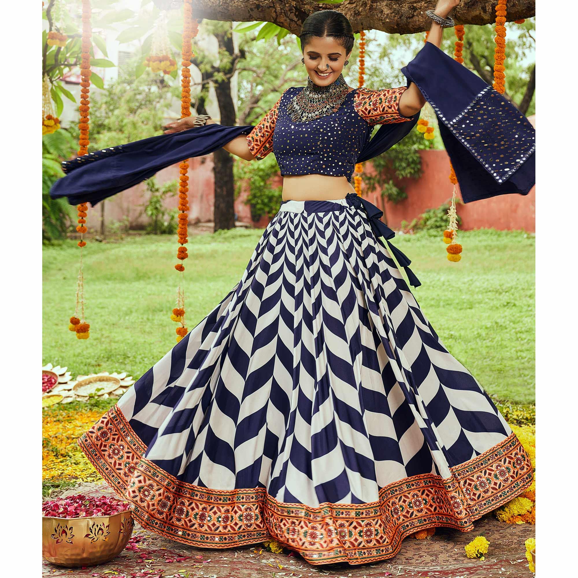 Off White & Navy Blue Printed Muslin Lehenga Choli - Peachmode