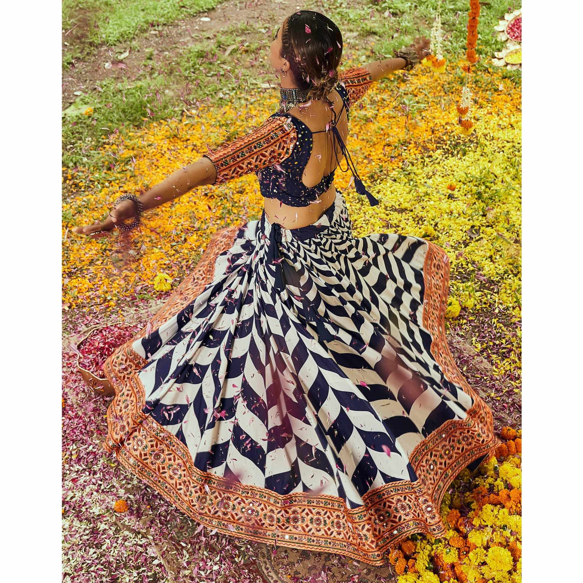 Off White & Navy Blue Printed Muslin Lehenga Choli - Peachmode