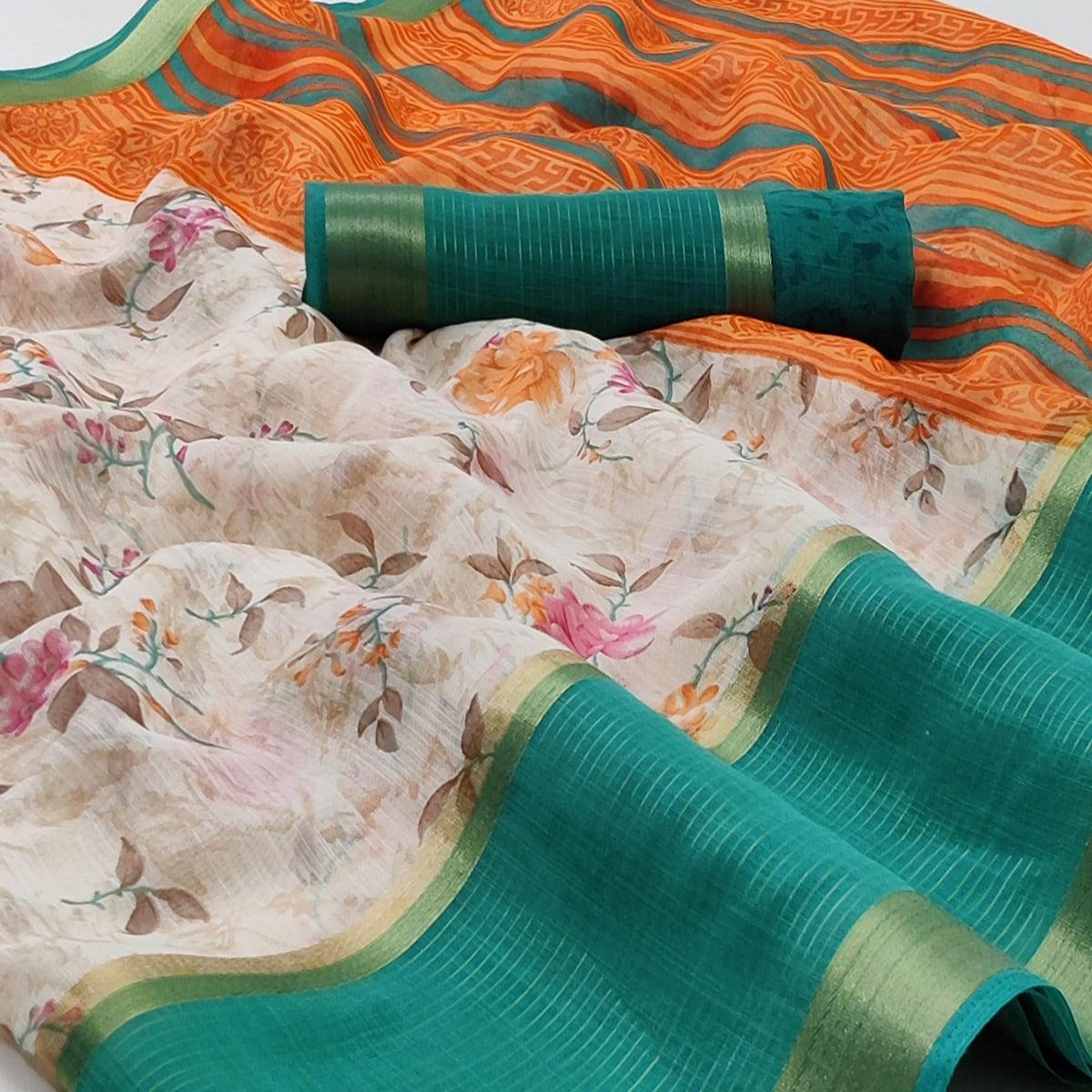 Off White & Rama Casual Wear Floral Printed Cotton Saree With Woven Border - Peachmode