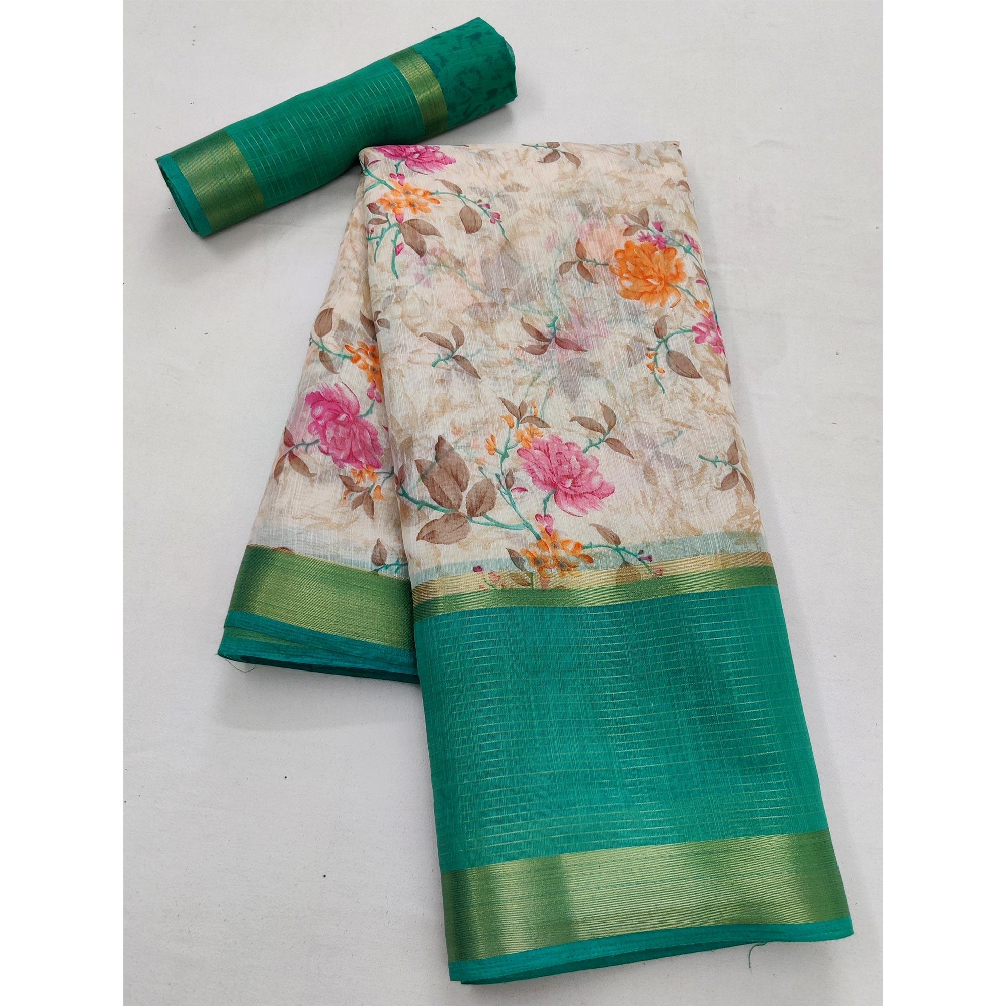 Off White & Rama Casual Wear Floral Printed Cotton Saree With Woven Border - Peachmode