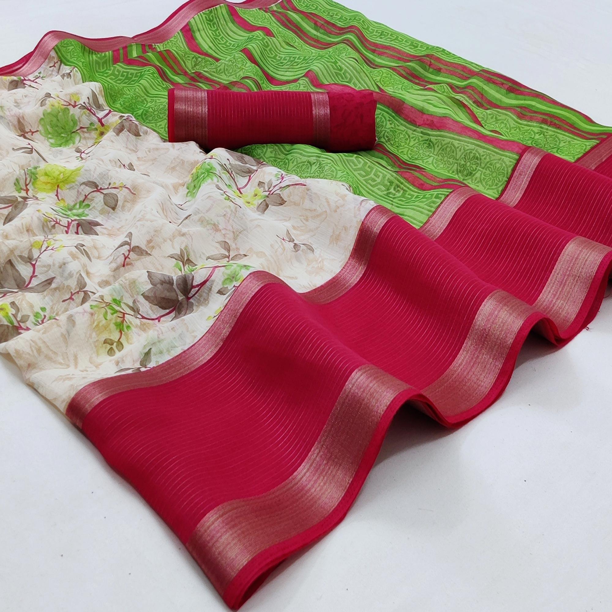 Off White & Rani Pink Casual Wear Floral Printed Cotton Saree With Woven Border - Peachmode