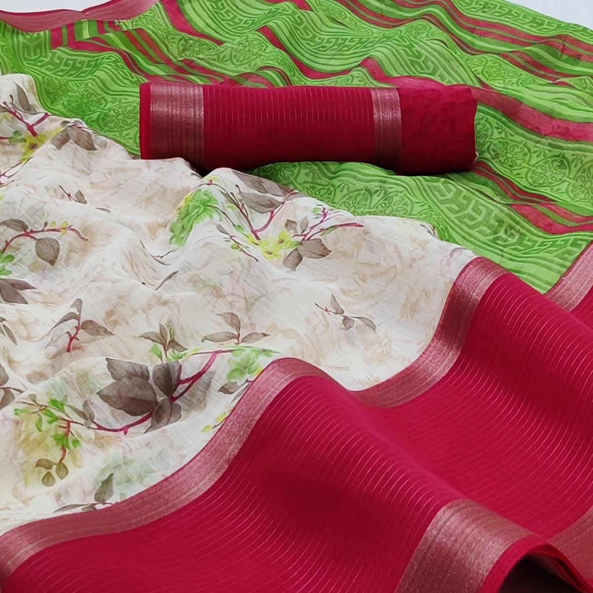Off White & Rani Pink Casual Wear Floral Printed Cotton Saree With Woven Border - Peachmode