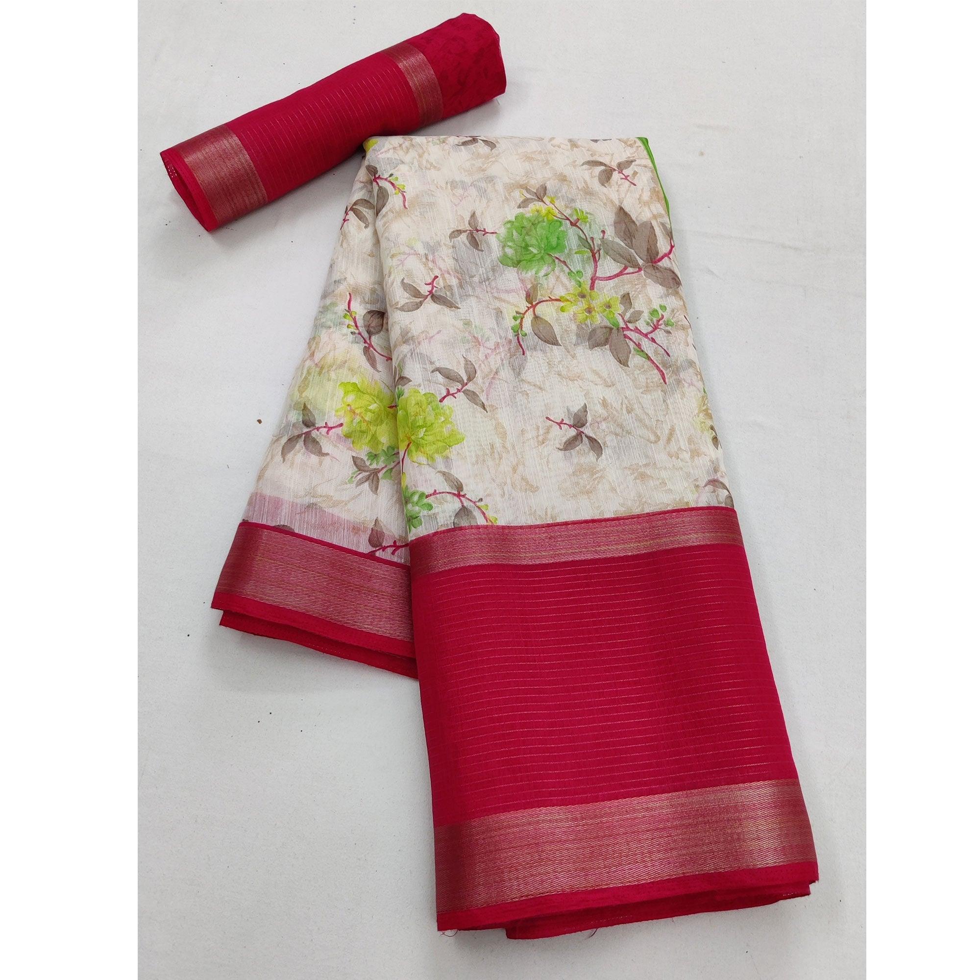 Off White & Rani Pink Casual Wear Floral Printed Cotton Saree With Woven Border - Peachmode