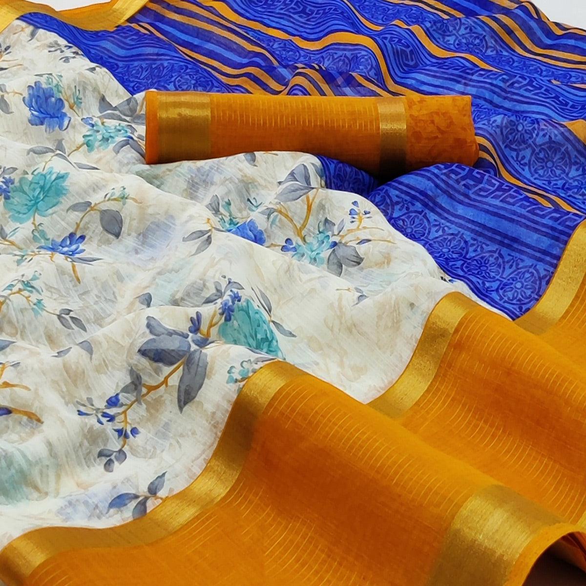 Off White & Yellow Casual Wear Floral Printed Cotton Saree With Woven Border - Peachmode